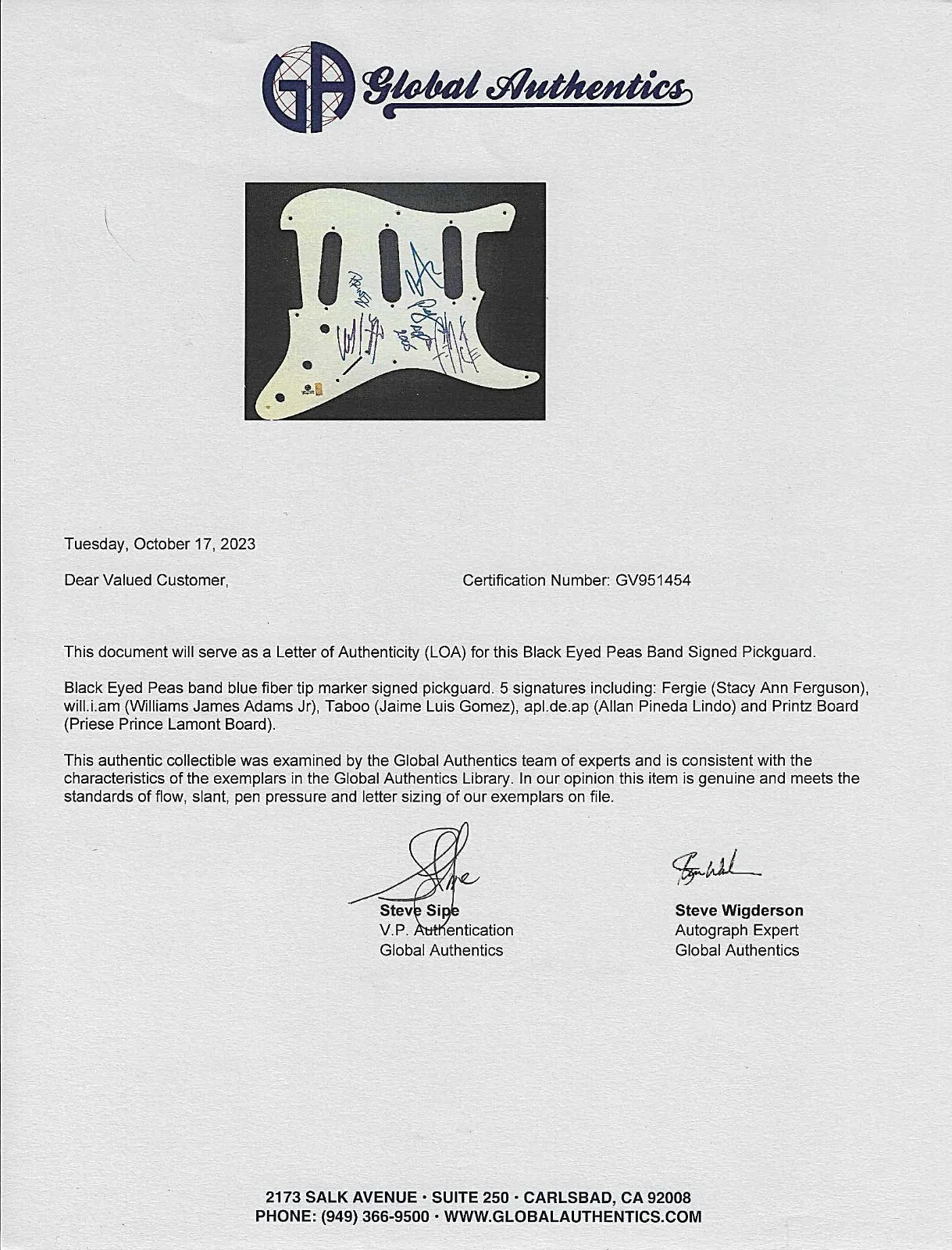 FERGIE, WILLIAMS, TABOO, ALLAN, PRINTZ — BLACK EYED PEAS STRATACASTER PICKGUARD 5 MEMBERS SIGNED COA - GA, image 3