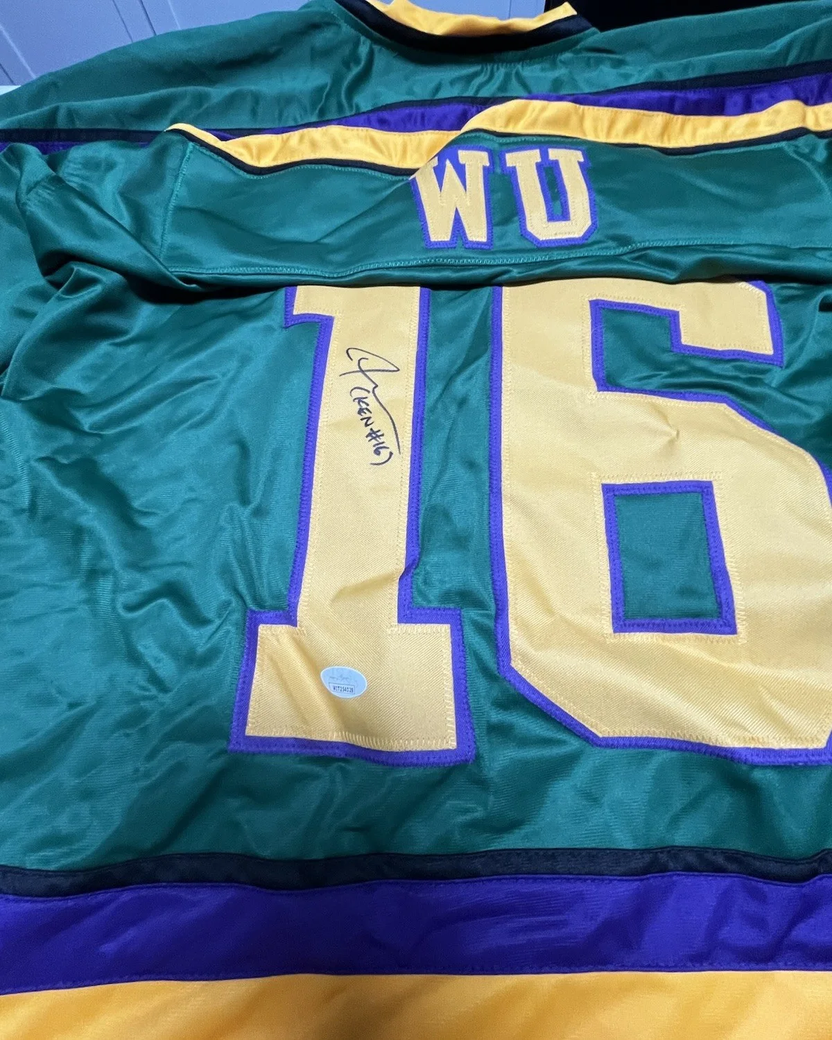 Jane Plank — “Tammy Duncan” Mighty Ducks Jane Plank & “Kenny Woo” Justin Wong Signed Jersey, image 2