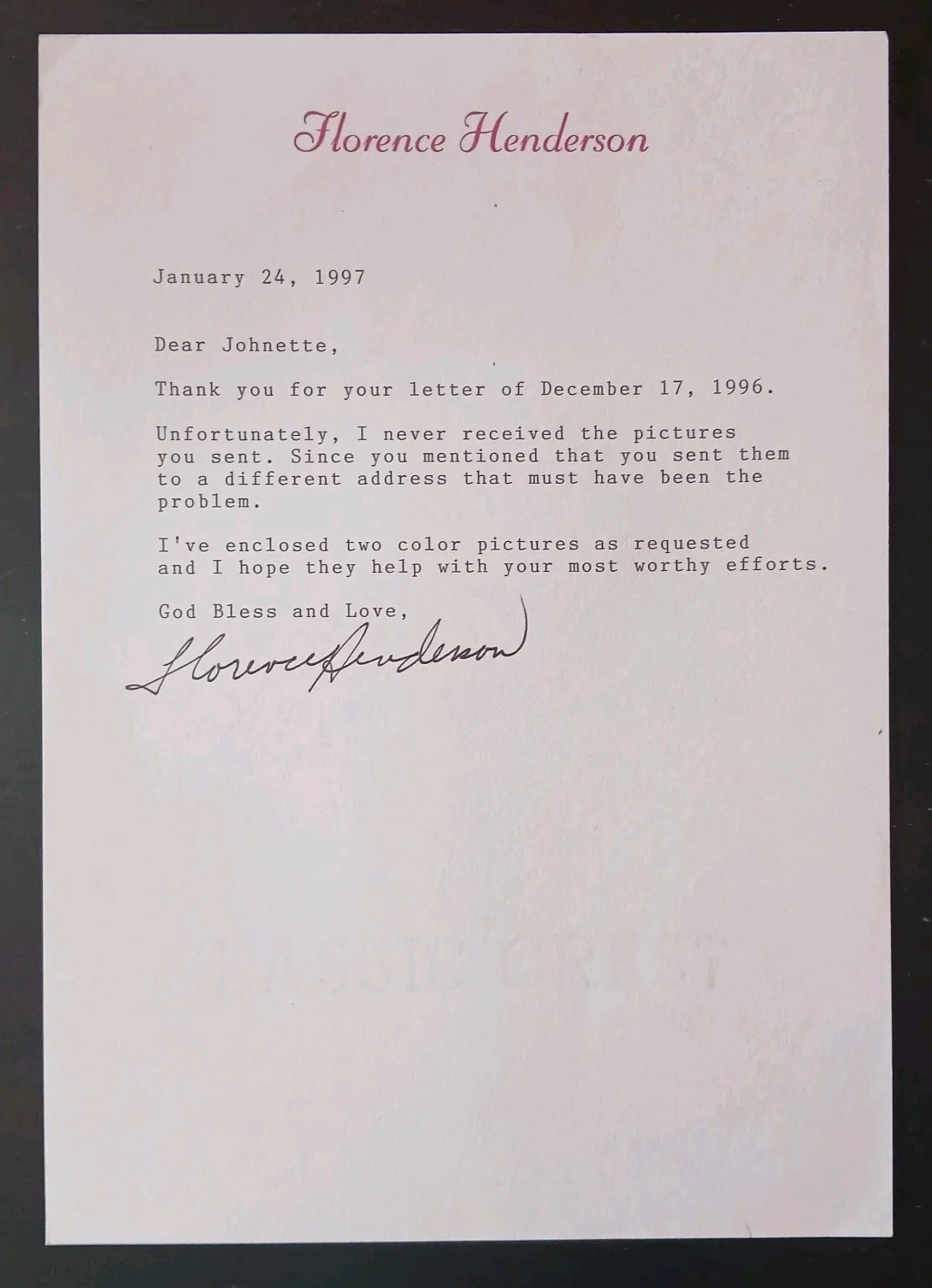 florence henderson — florence henderson signed letter on her letterhead brady bunch actress dated '97