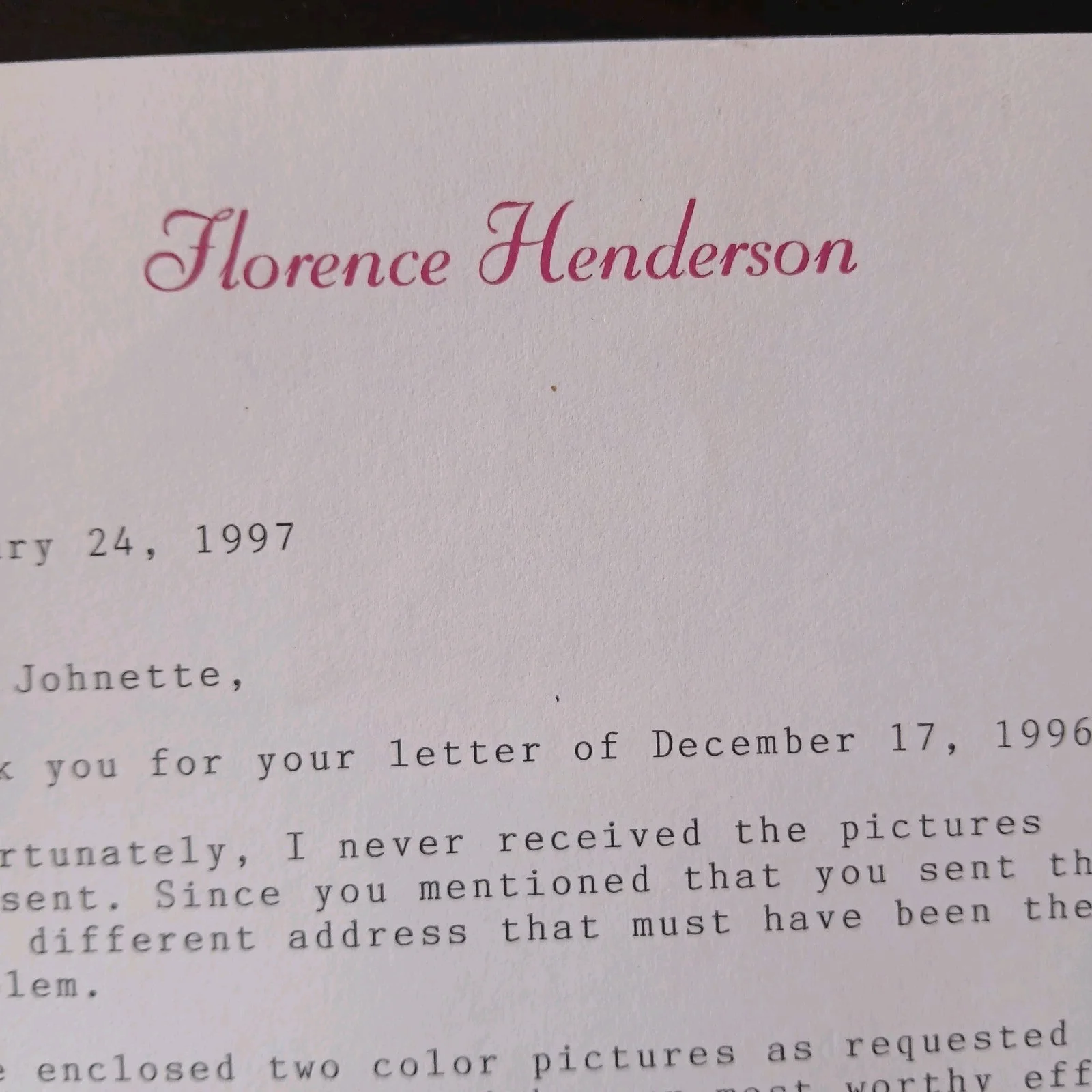 florence henderson — florence henderson signed letter on her letterhead brady bunch actress dated '97, image 2
