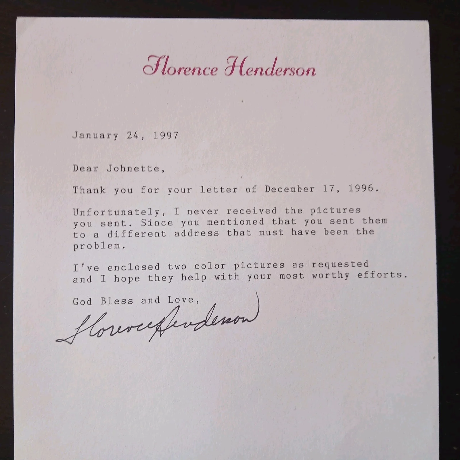 florence henderson — florence henderson signed letter on her letterhead brady bunch actress dated '97, image 4