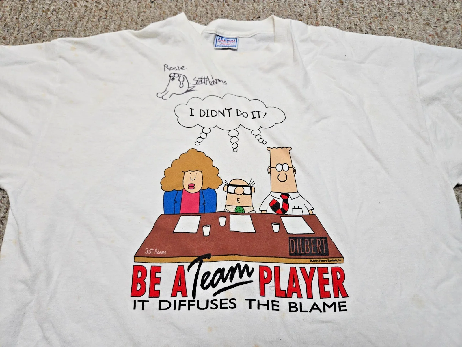 Scot Adams — Vintage Dilbert Scott Adams SIGNED T Shirt + DOODLE Sketch-Be A Team Player 2XL, изображение 2