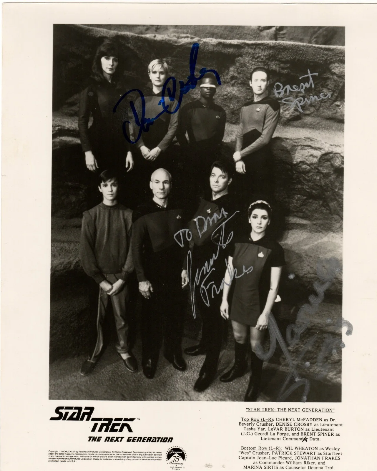 Jonathan Frakes, Brent Spiner, Denise Crosby, Marina Sirtis — STAR TREK TNG Autographed Cast Photo Signed By FRAKES SPINER SIRTIS CROSBY w/COA