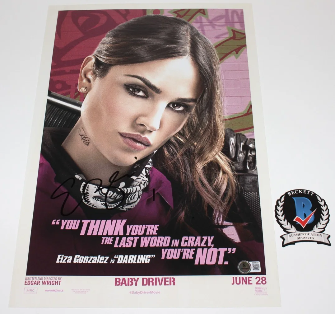 EIZA GONZALEZ SIGNED 'BABY DRIVER' 12x18 MOVIE POSTER 3 ACTRESS BECKETT BAS COA, изображение 2