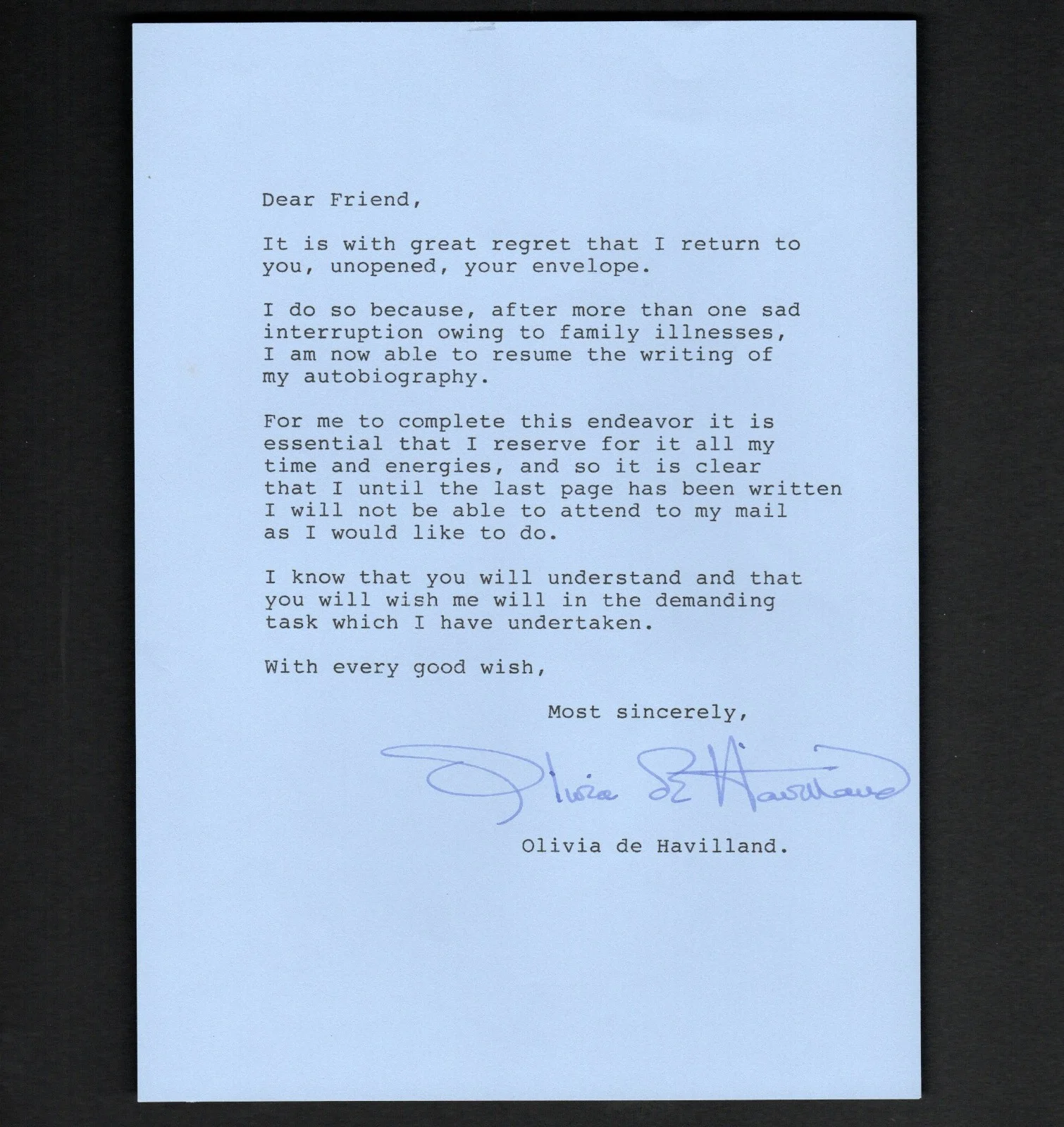 Olivia De Havilland — OLIVIA DE HAVILLAND Autograph Signed Typed Letter w/ COA Gone With The Wind GWTW