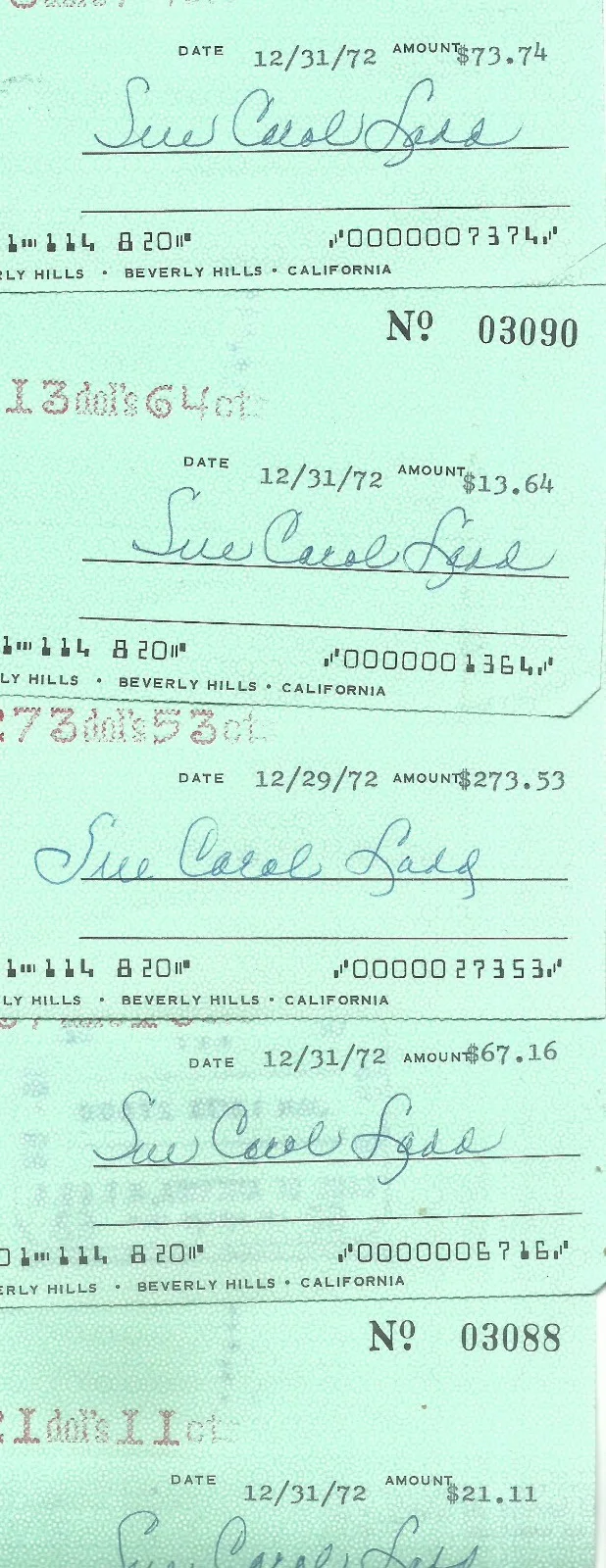 LOT OF 5 SIGNED CHECKS OF SUE CAROL LADD WITH ALAN LADD IMPRINT d. 1982, изображение 2