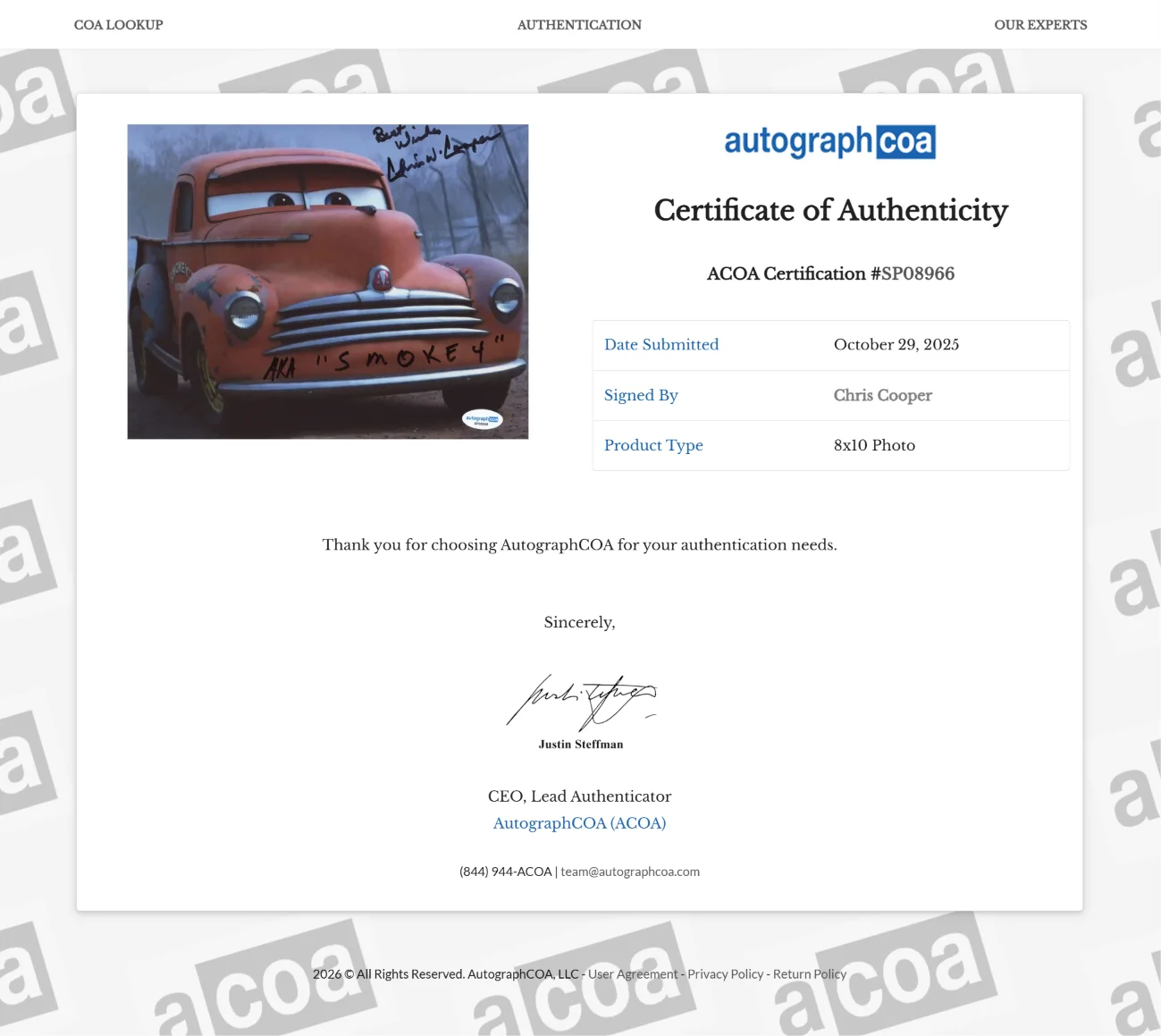 Chris Cooper — Disney Pixar Cars 3 Chris Cooper Signed 8x10 Smokey Pickup Truck Photo (ACOA), изображение 5
