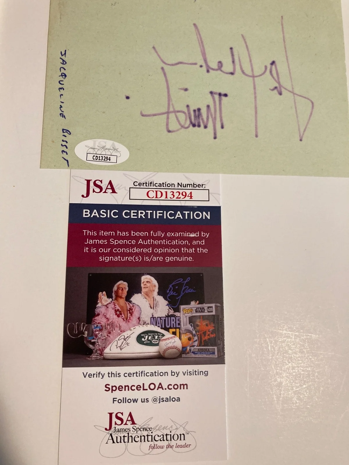 JACQUELINE BISSETT — JACQUELINE BISSETT signed 4x6 paper "CASINO ROYALE", "THE DEEP" JSA#CD13294, изображение 2
