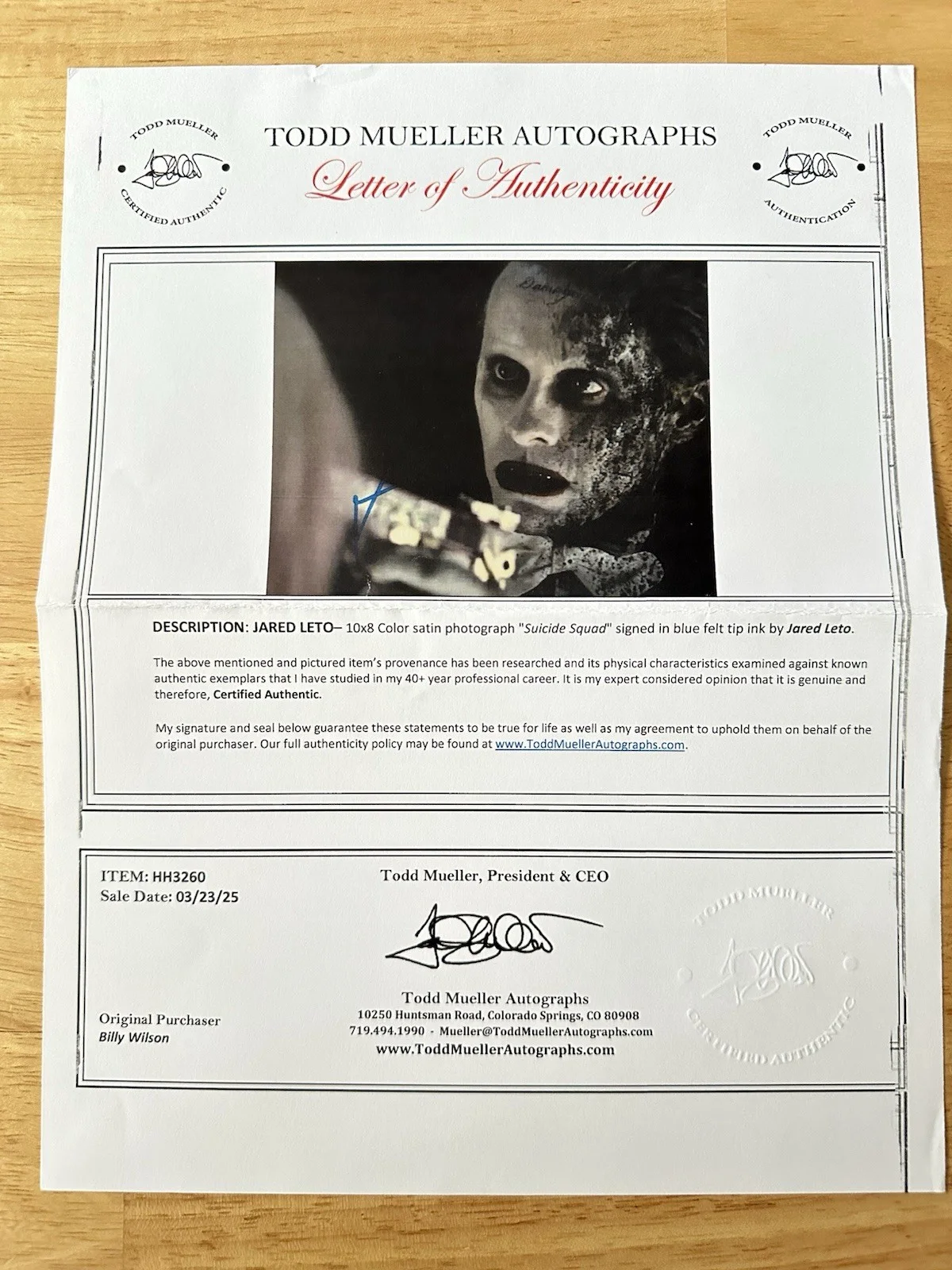 Jared Leto Signed 8x10 Suicide Squad Todd Mueller Certified ￼, image 2