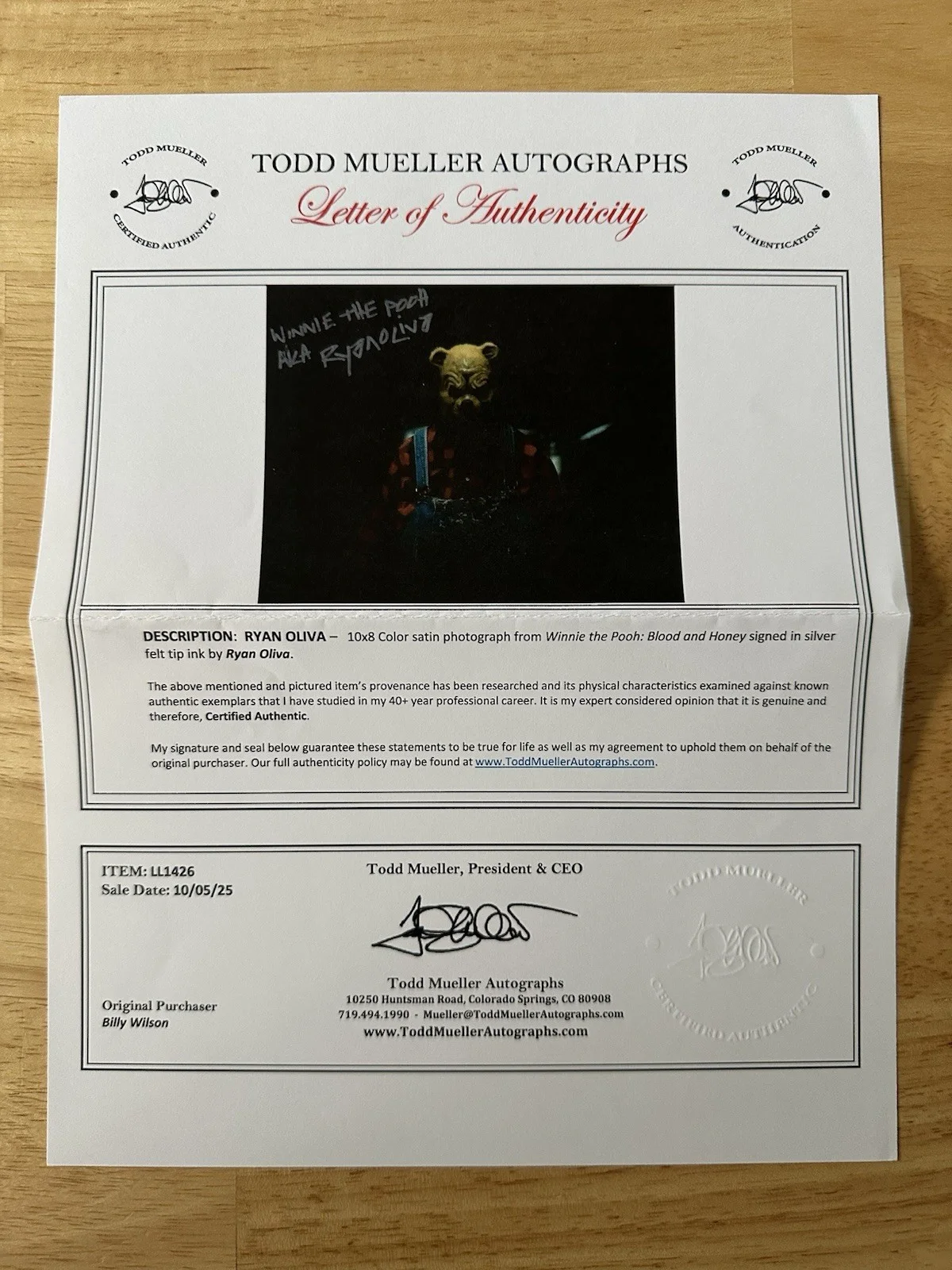 Ryan Oliva Signed 8x10 Winnie The Pooh, Blood And Honey Todd Mueller Certified, изображение 2