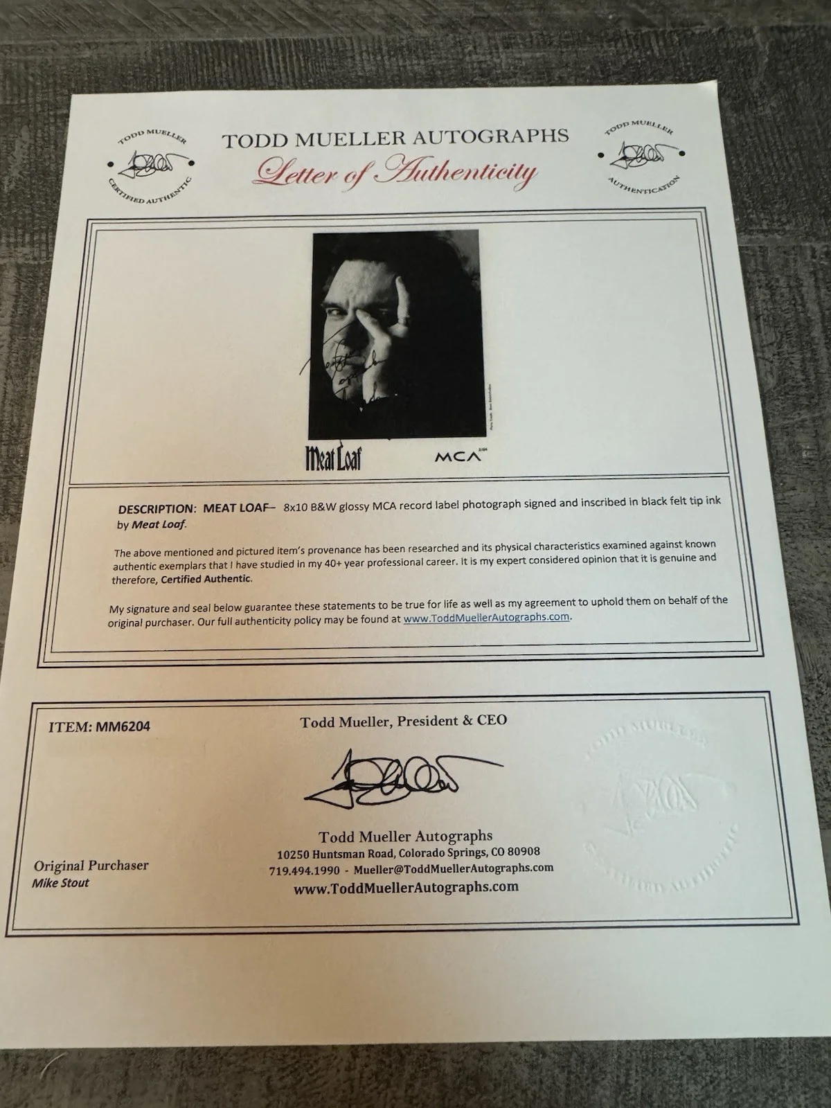MEAT LOAF Signed Autographed 8x10 Photo..ROCK Legend..(d.2022) Mueller COA, изображение 4