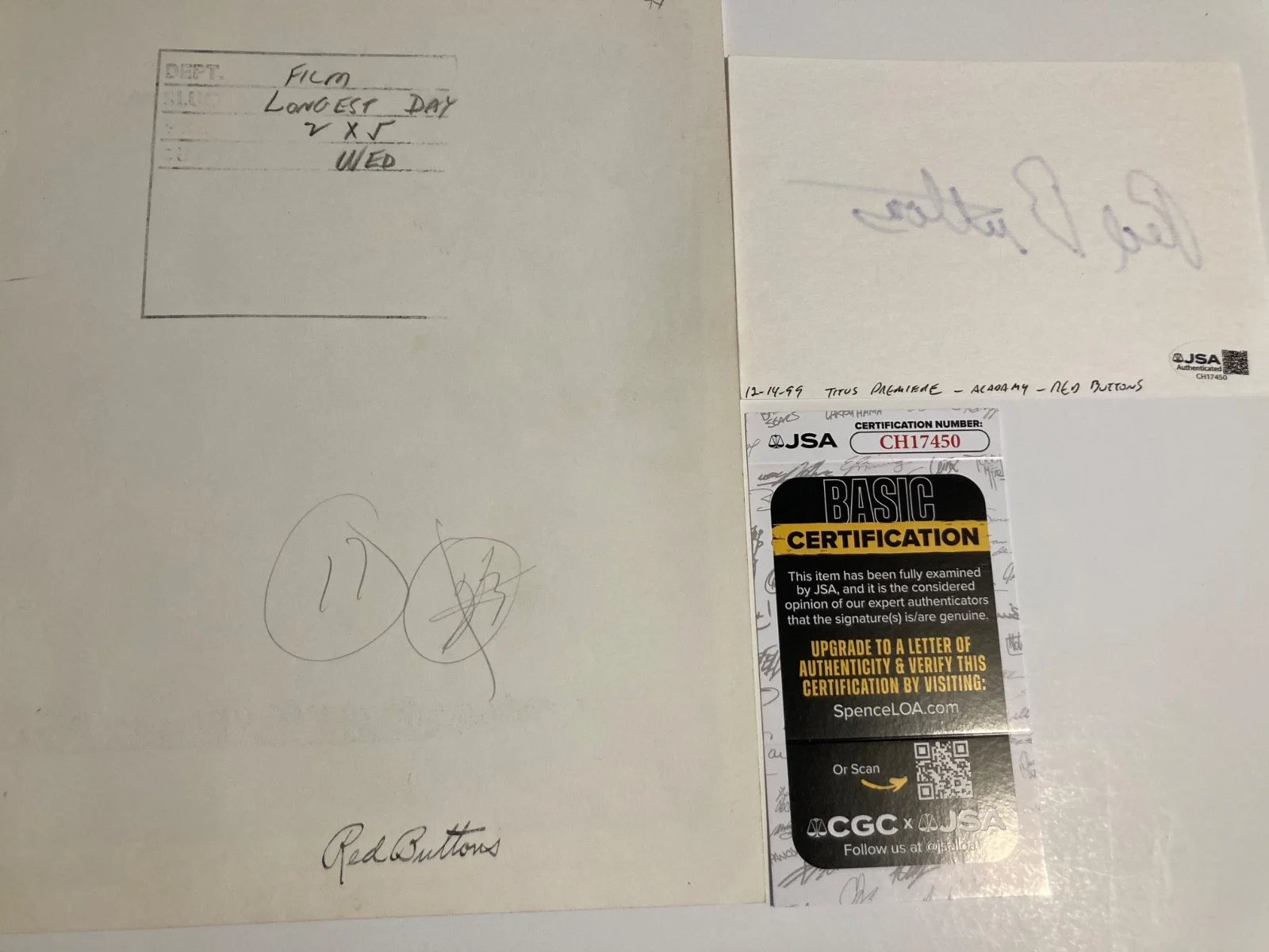 RED BUTTONS — RED BUTTONS signed 4x6 card "SAYONARA", "THE POSEIDON ADVENTURE" JSA#CH17450, изображение 2