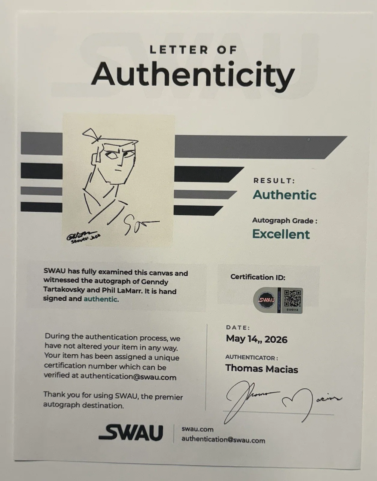genndy tartakovsky — Genndy Tartakovsky Signed 8x10 Canvas Samurai Jack Hand Drawn Sketch SWAU LOA, изображение 5
