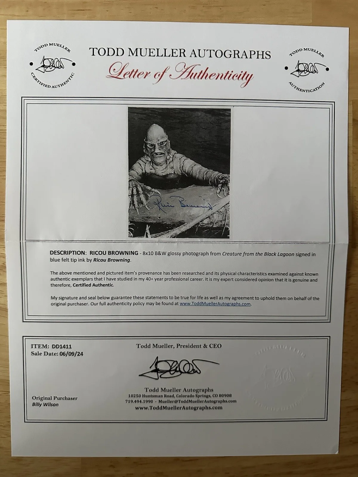 Ricou Browning Signed 8x10 Photo Creature From Black Lagoon Todd Mueller, image 2