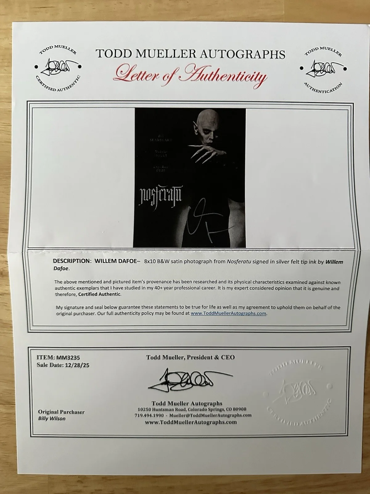 William Defoe Signed 8x10 Photo Of Nosferatu Todd Mueller Certified, изображение 2