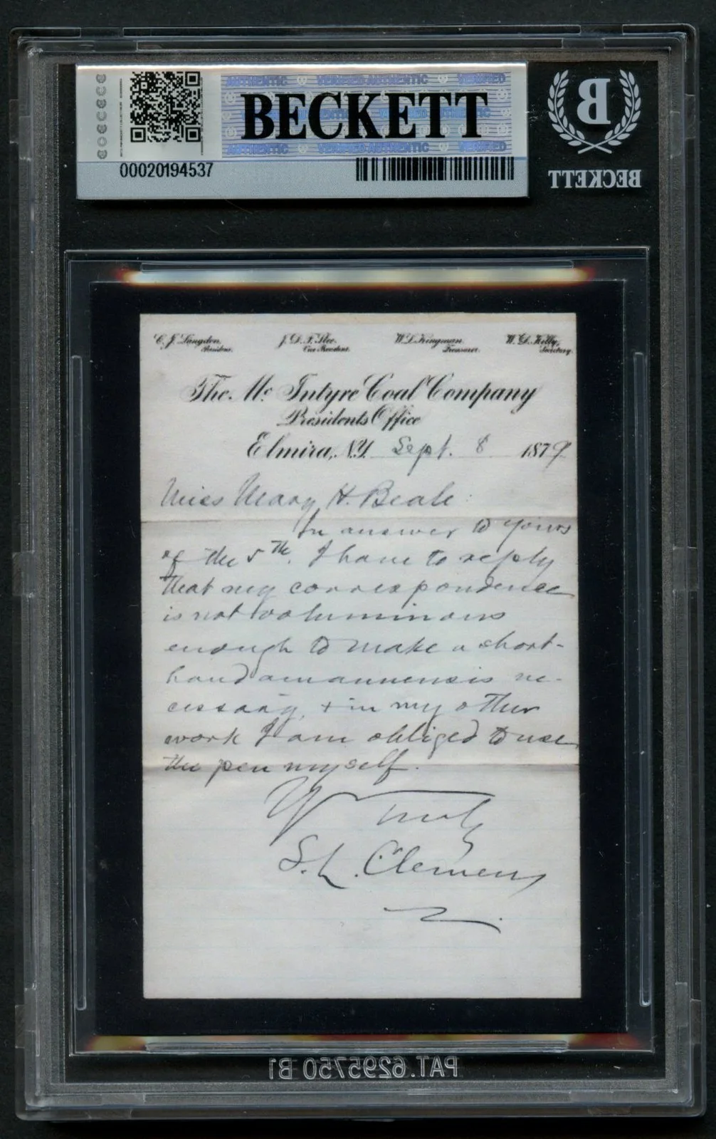 Mark Twain HANDWRITTEN WORDS "that my" Custom Cut Card BAS Slabbed Read DESC!, image 2