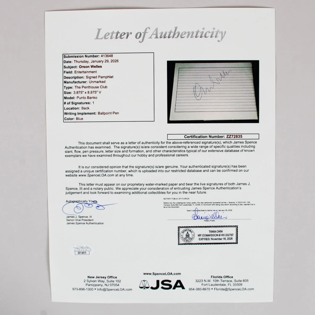 Orsen Wells Signed Cut The Penthouse Club COA JSA, изображение 5