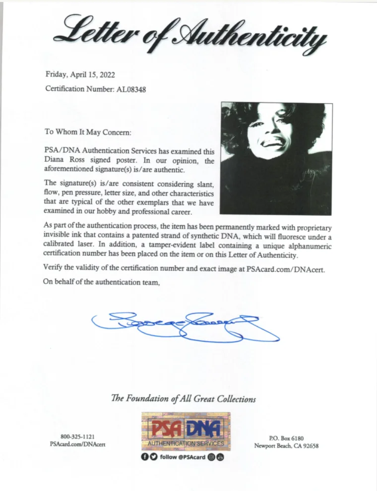 Diana Ross Autographed Signed Large Photo Poster PSA LOA 19146, image 3