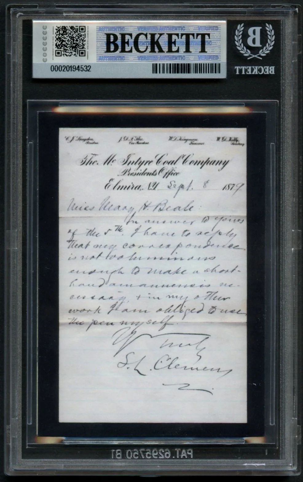 Mark Twain HANDWRITTEN WORD "answer" Custom Cut Card BAS Slabbed Read DESC!, image 2