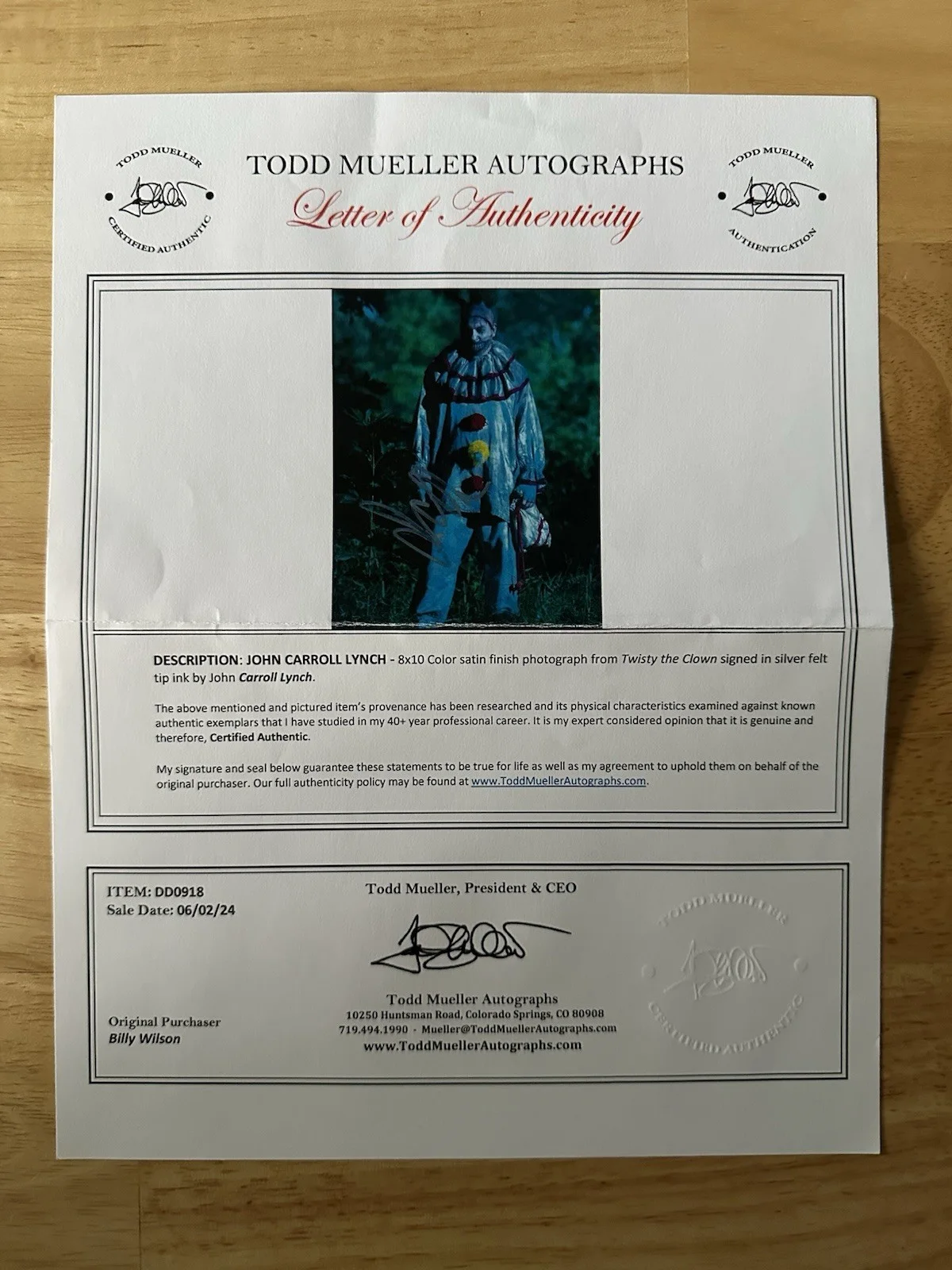 John Carroll Lynch Signed 8x10 Twisty The Clown Todd Mueller Certified, image 2