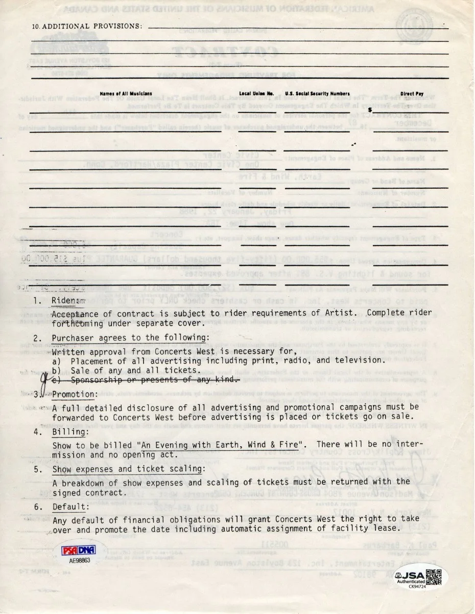 Maurice White Signed Autographed Contract Earth, Wind and Fire 1988 JSA CK94724, image 2