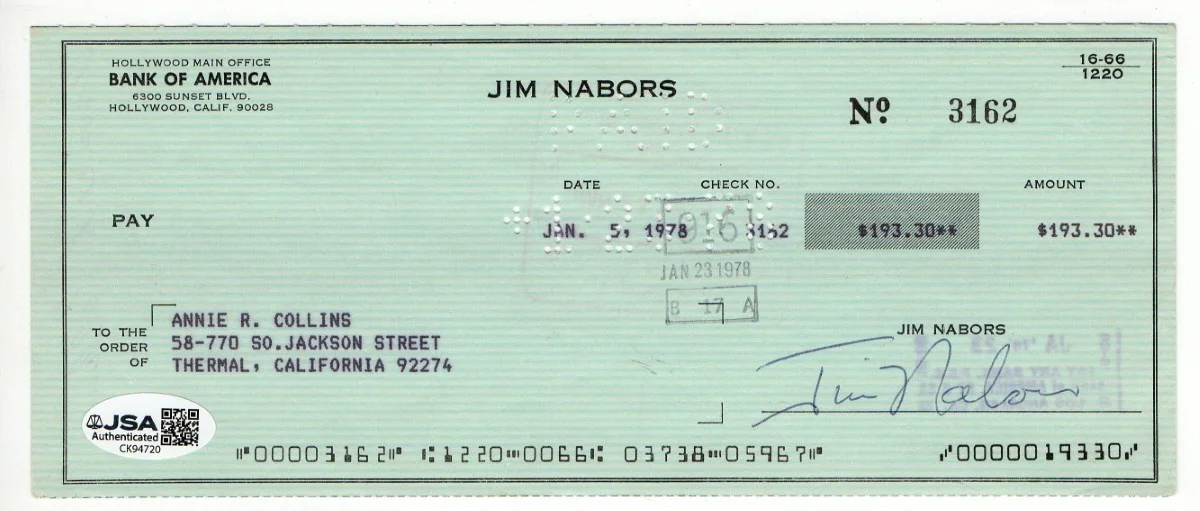 Jim Nabors — Jim Nabors Signed Autographed Bank Check Gomer Pyle USMC JSA CK94720