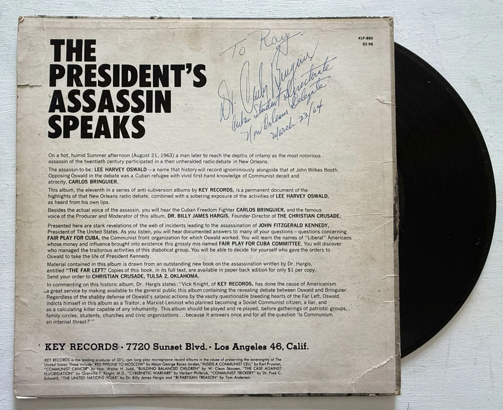 Carlos Bringuier Signed Autographed ''The President's Assassin Speaks'' Record, изображение 2