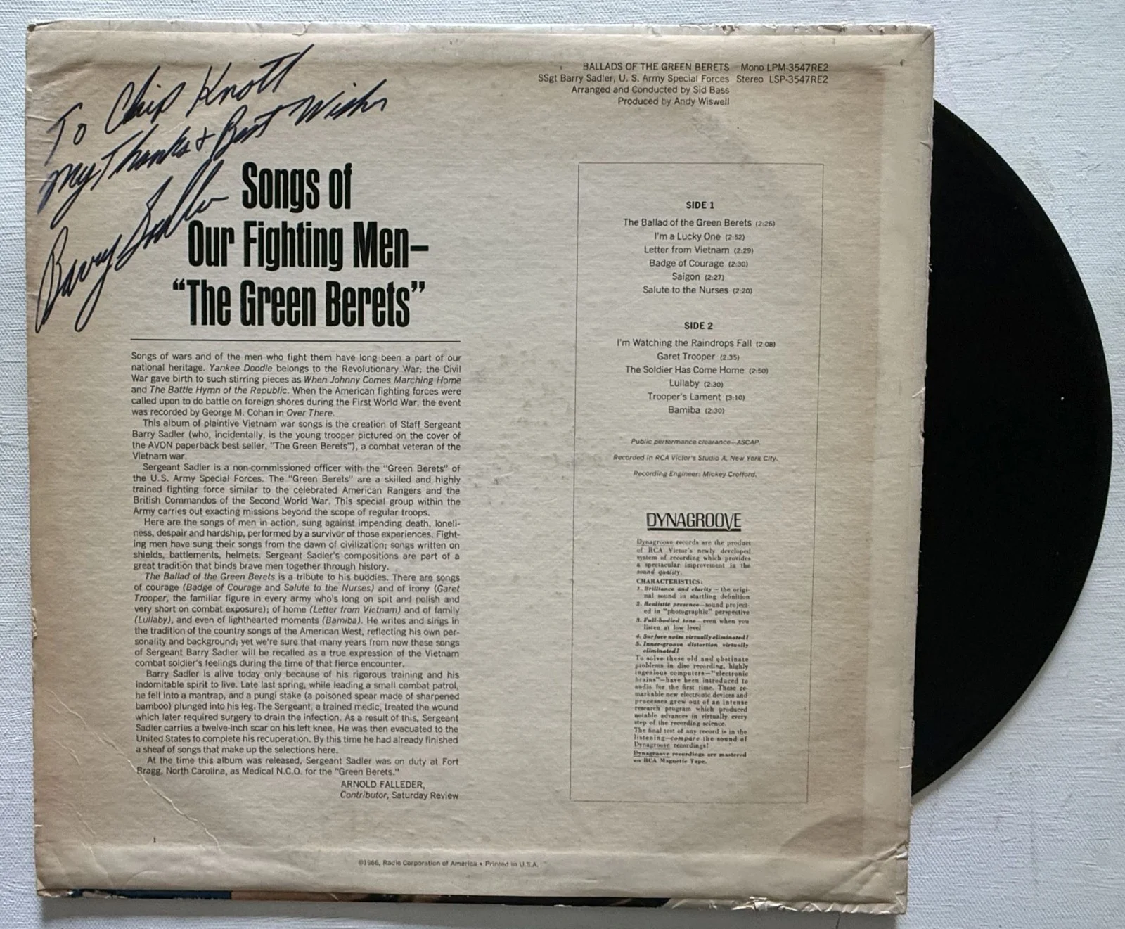 Sgt. Barry Sadler Signed Autographed "Ballads of the Green Beret" Record Album, изображение 2