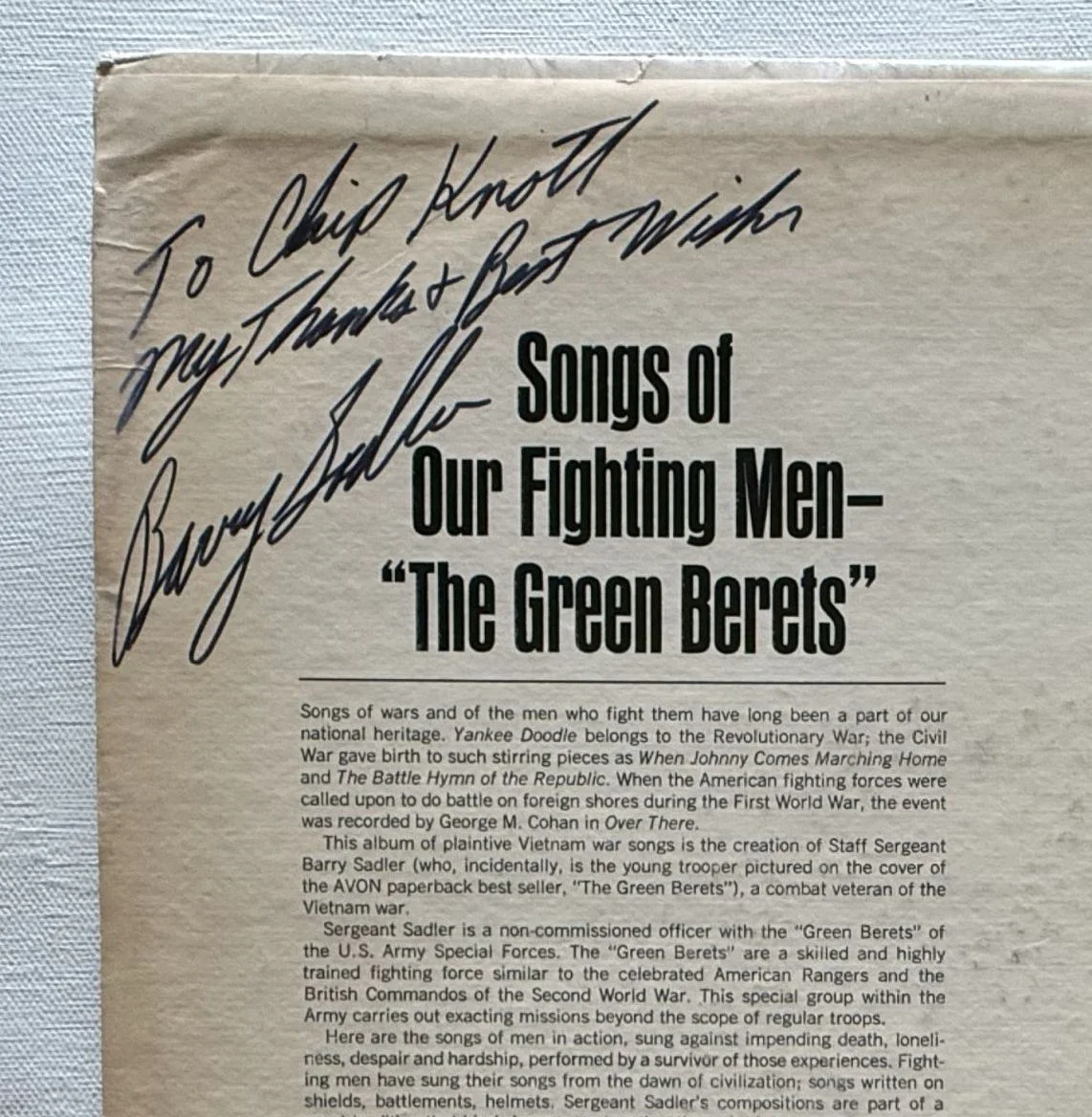 Sgt. Barry Sadler Signed Autographed "Ballads of the Green Beret" Record Album, изображение 3