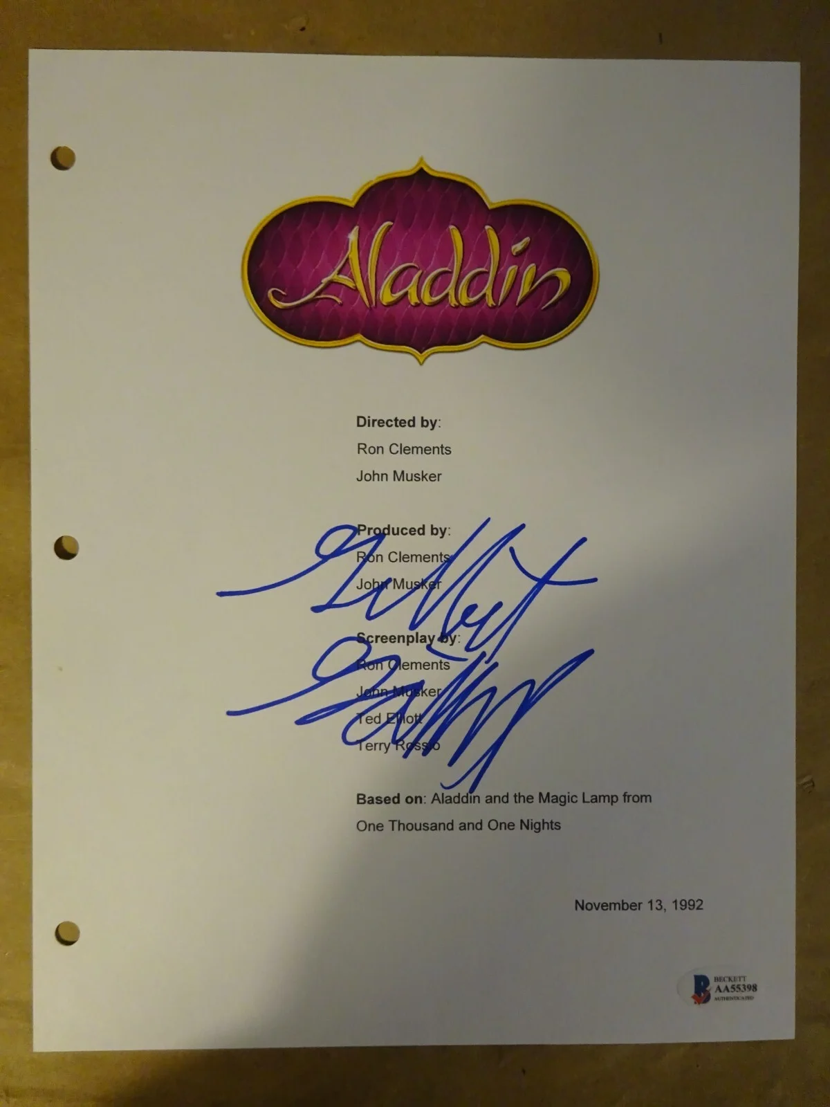 Gilbert Gottfried — Autographed Gilbert Gottfried Signed Disney Aladdin Script Cover Beckett BAS COA, image 2