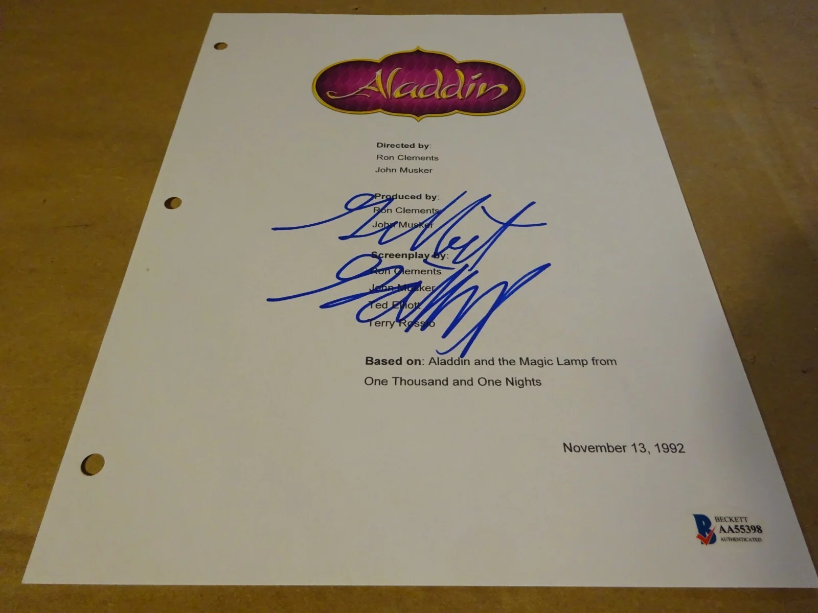 Gilbert Gottfried — Autographed Gilbert Gottfried Signed Disney Aladdin Script Cover Beckett BAS COA, image 3
