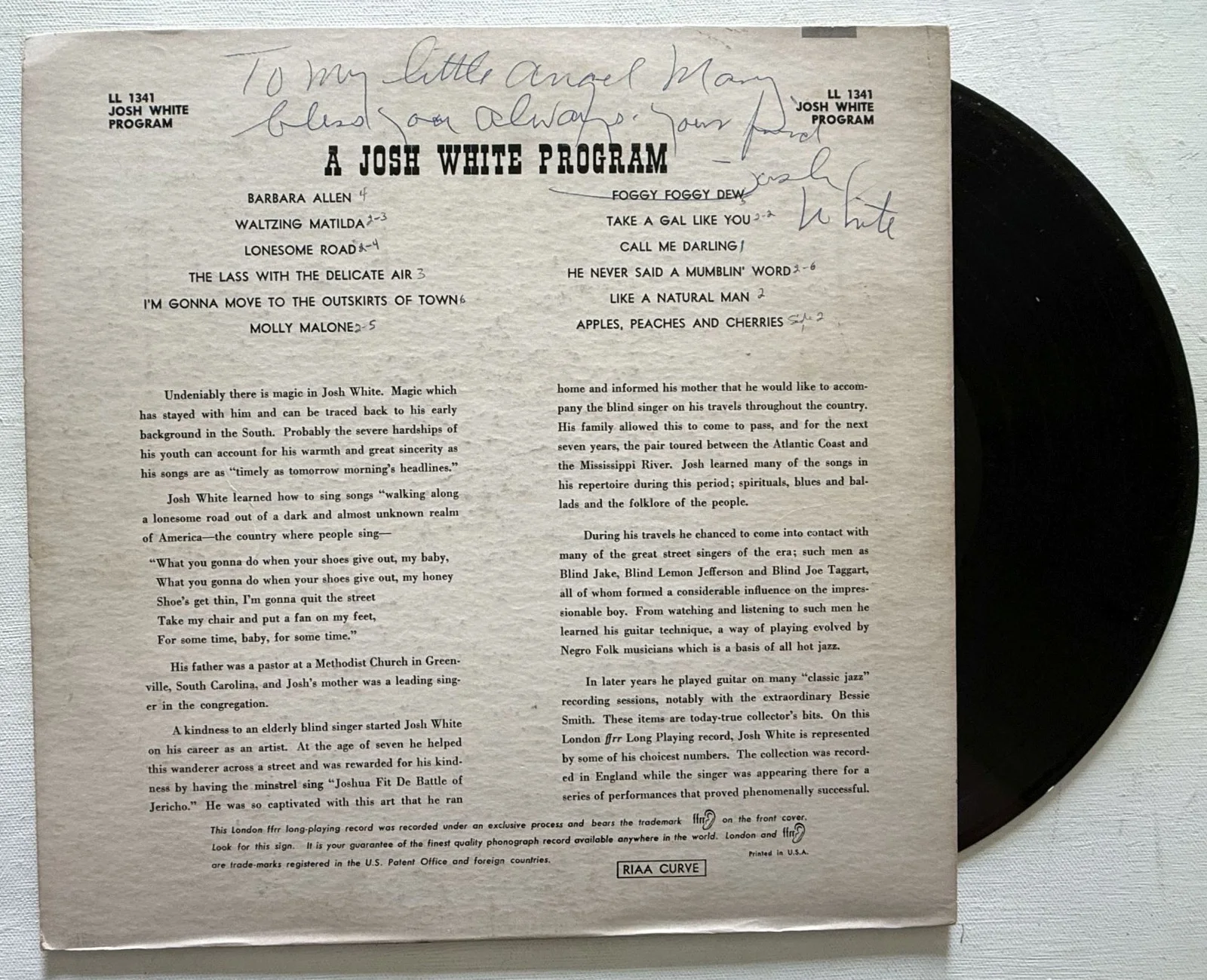 Josh White (d. 1969) Signed Autographed "A Josh White Program" Record Album, image 2