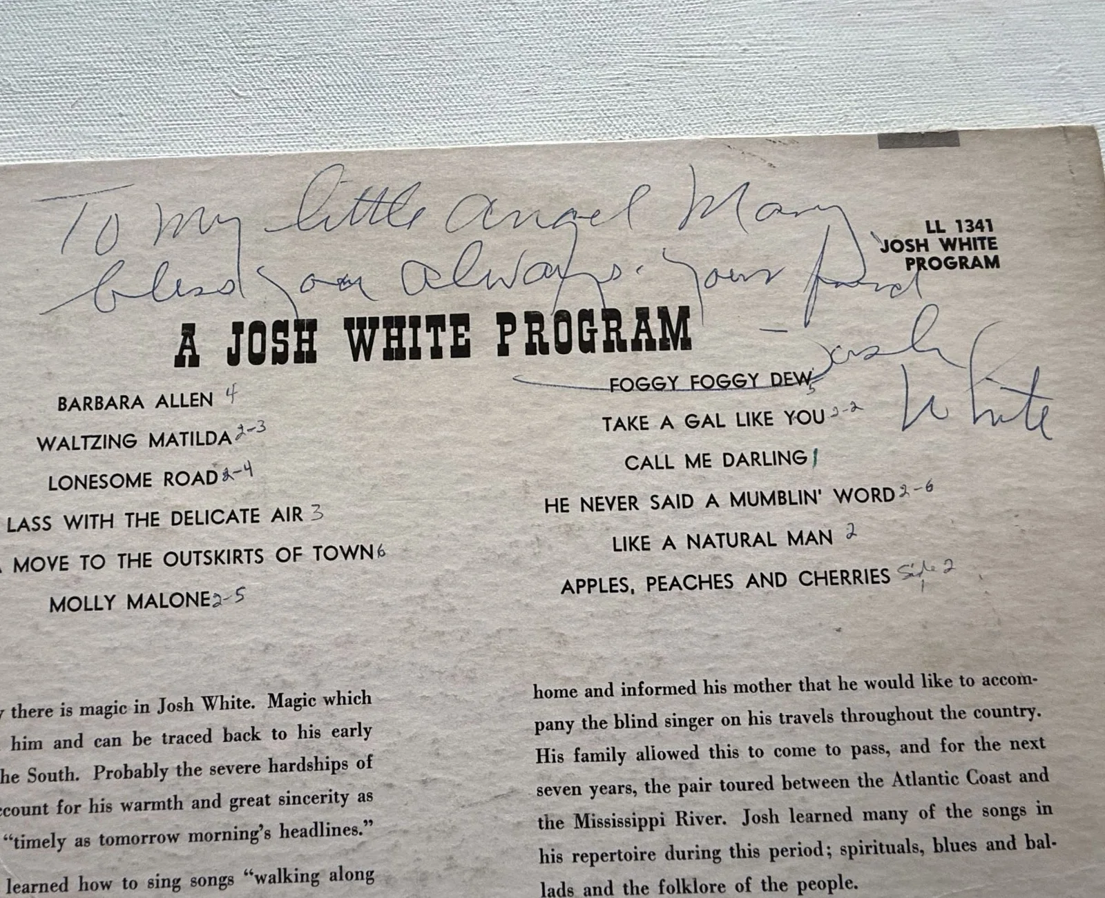 Josh White (d. 1969) Signed Autographed "A Josh White Program" Record Album, image 3