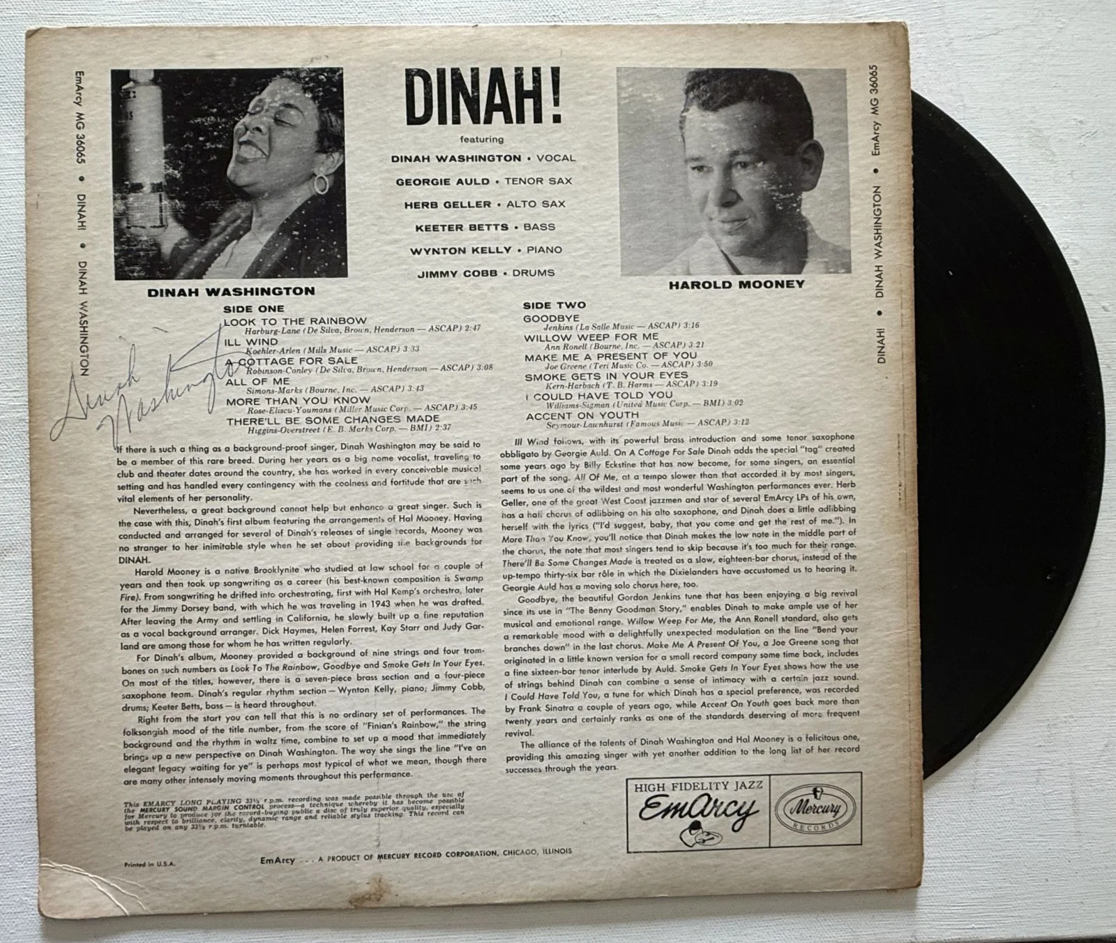 Dinah Washington (d. 1963) Signed Autographed "Dinah!" Vintage Record Album, image 2