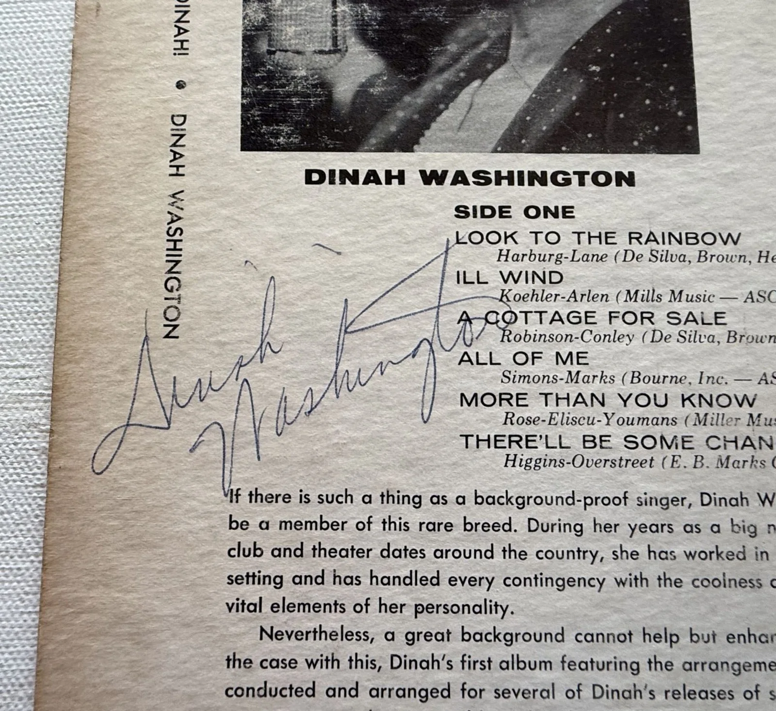 Dinah Washington (d. 1963) Signed Autographed "Dinah!" Vintage Record Album, image 3