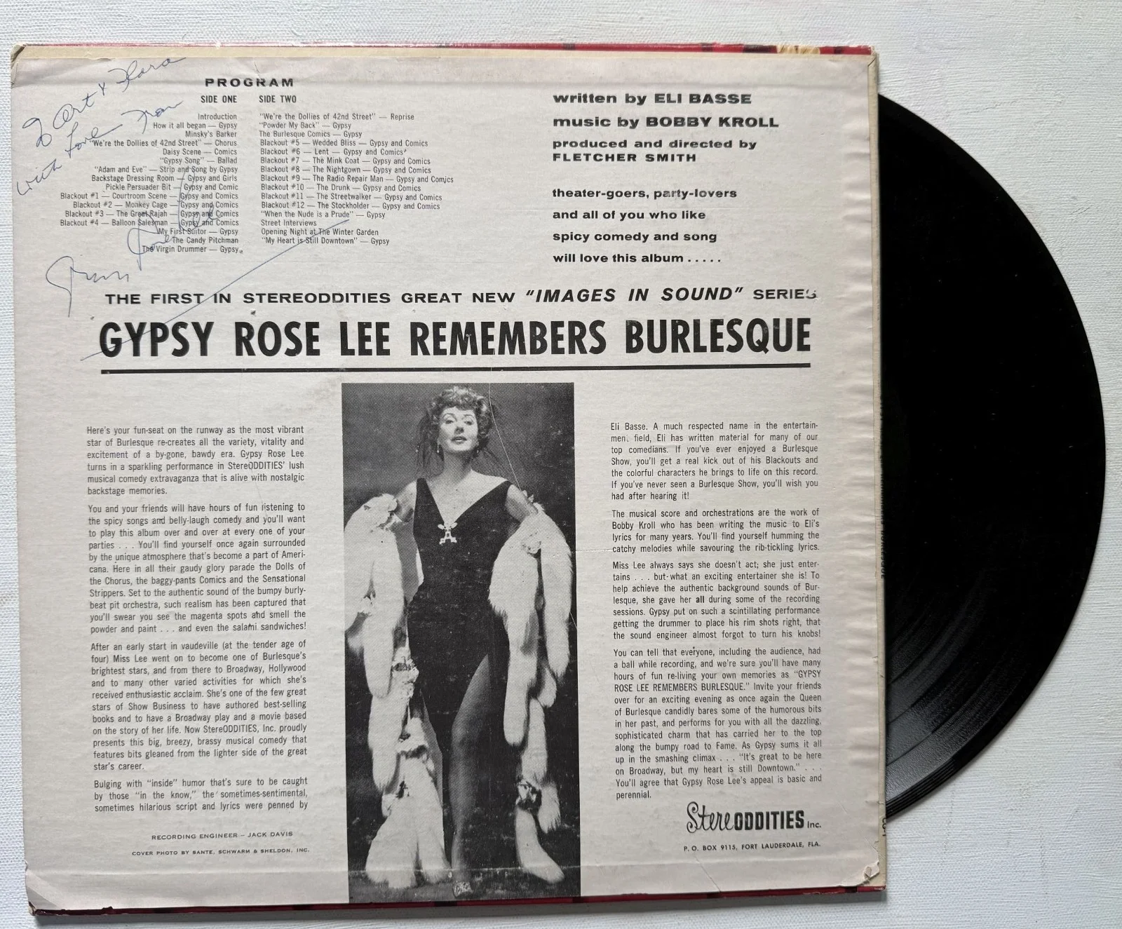 Gypsy Rose Lee (d. 1970) Signed Autographed ''Remembers Burlesque'' Record Album, image 2