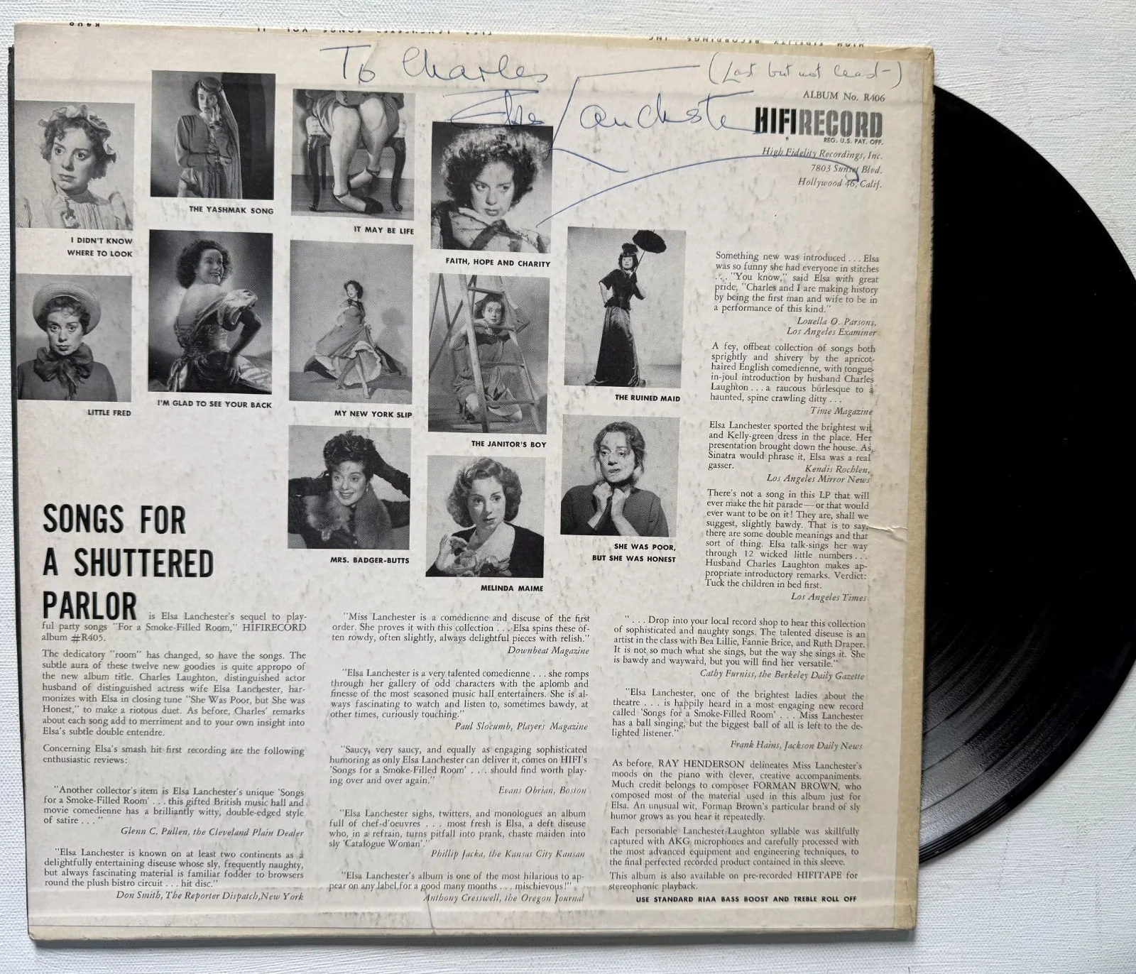 Elsa Lanchester (d. '86) Signed Autographed "Songs for a Shuttered Parlor" Album, изображение 2