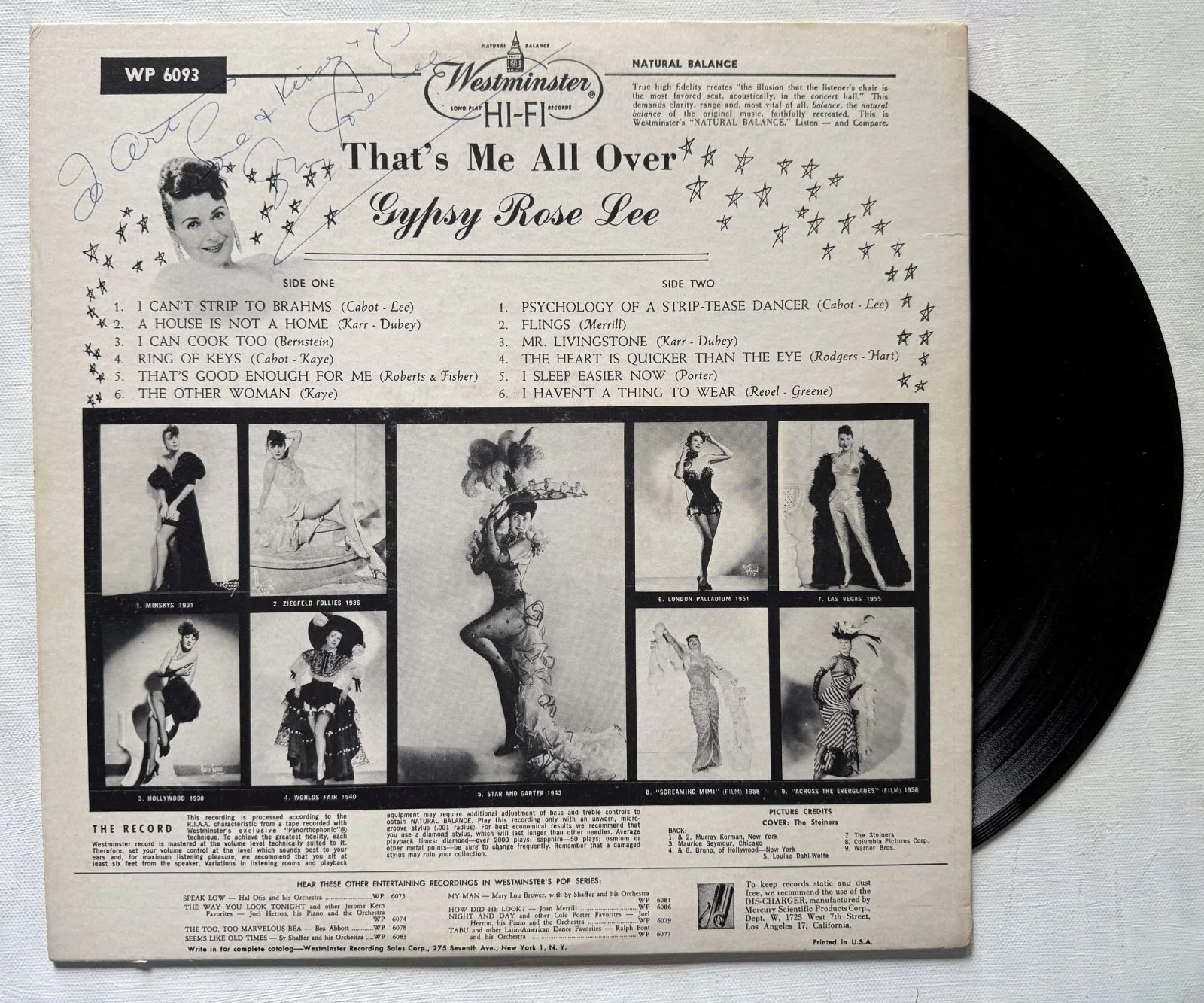 Gypsy Rose Lee (d. 1970) Signed Autographed ''That's Me All Over'' Record Album, image 2