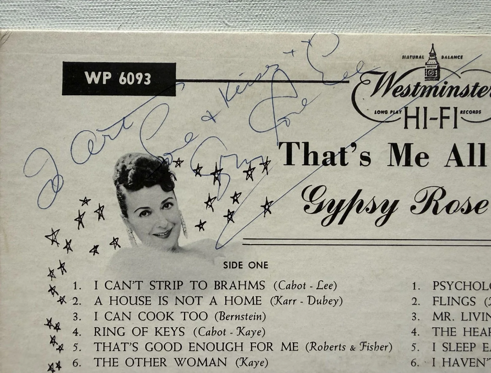 Gypsy Rose Lee (d. 1970) Signed Autographed ''That's Me All Over'' Record Album, image 3