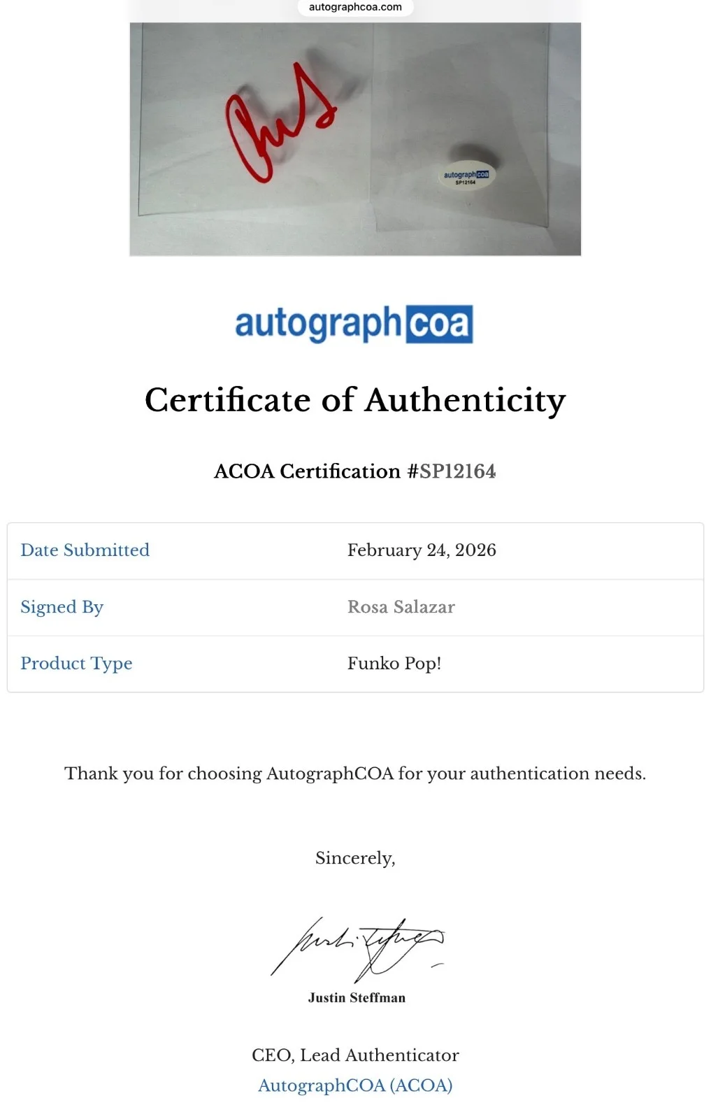 Funko Pop! Alita (Motorball Body) #564 Signed Autographed Rosa Salazar With COA, изображение 2