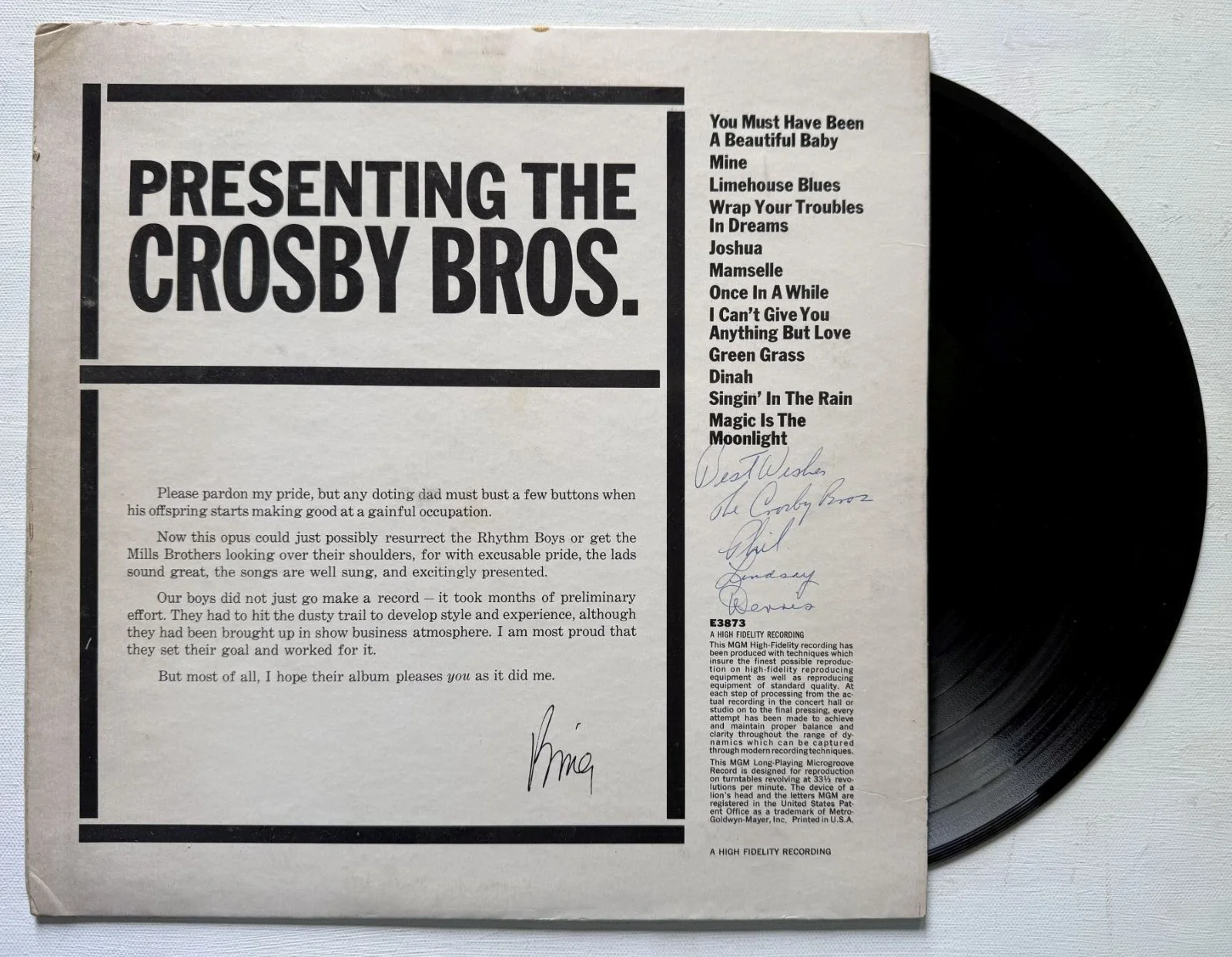 Bing Crosby's Sons Signed Autographed "Presenting the Crosby Bros" Record Album, изображение 2