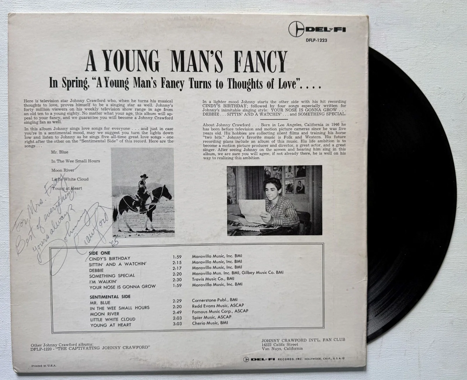 Johnny Crawford (d. '21) Signed Autographed ''A Young Man's Fancy'' Record Album, image 2