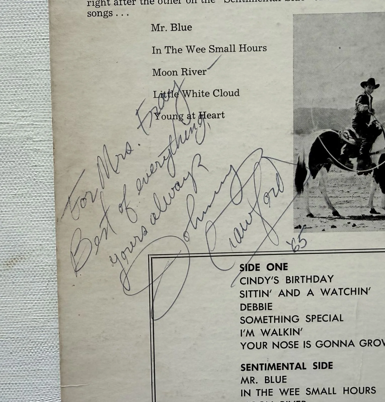 Johnny Crawford (d. '21) Signed Autographed ''A Young Man's Fancy'' Record Album, image 3