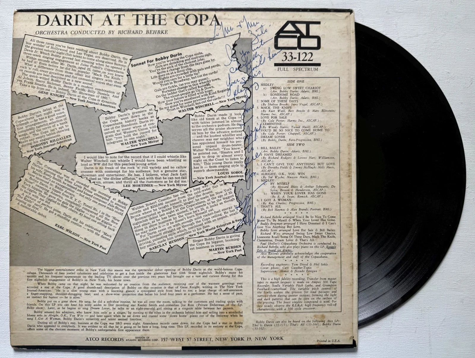 Bobby Darin (d. 1973) Signed Autographed "Darin at the Copa" Record Album, image 2