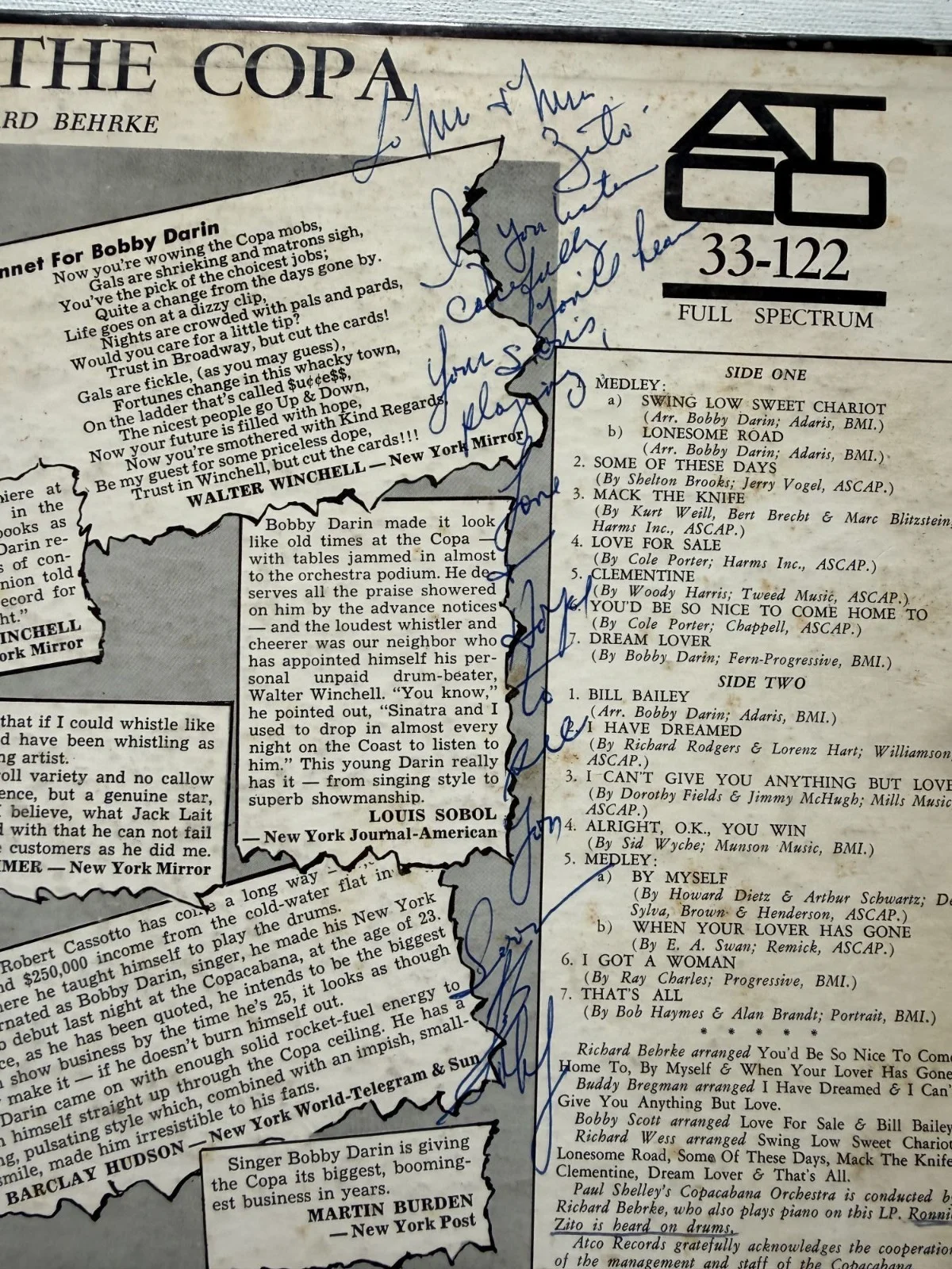 Bobby Darin (d. 1973) Signed Autographed "Darin at the Copa" Record Album, image 3