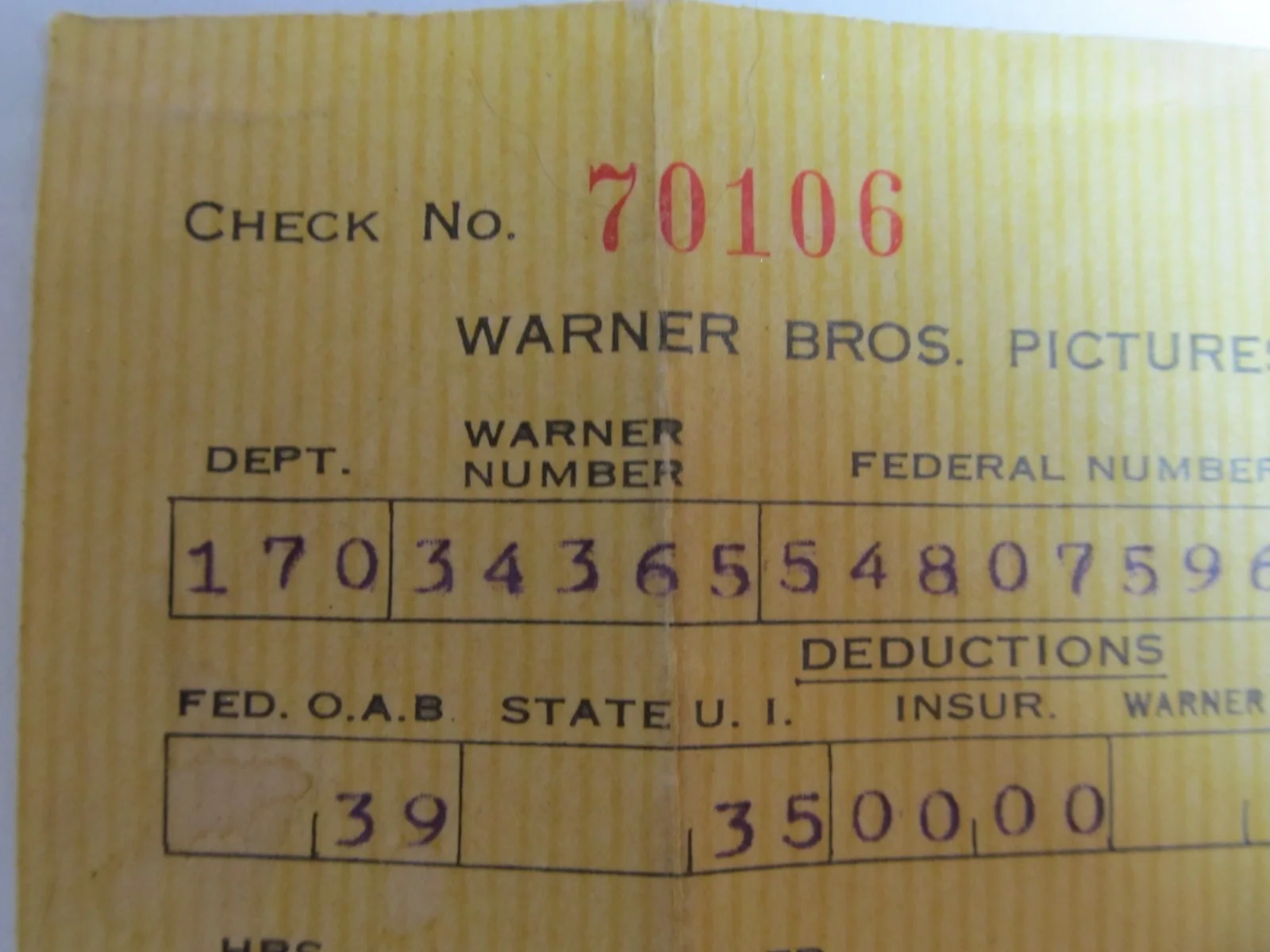 Warner Bros. Pictures, Inc. pay stub only not check ~ 08/21/1937, изображение 2