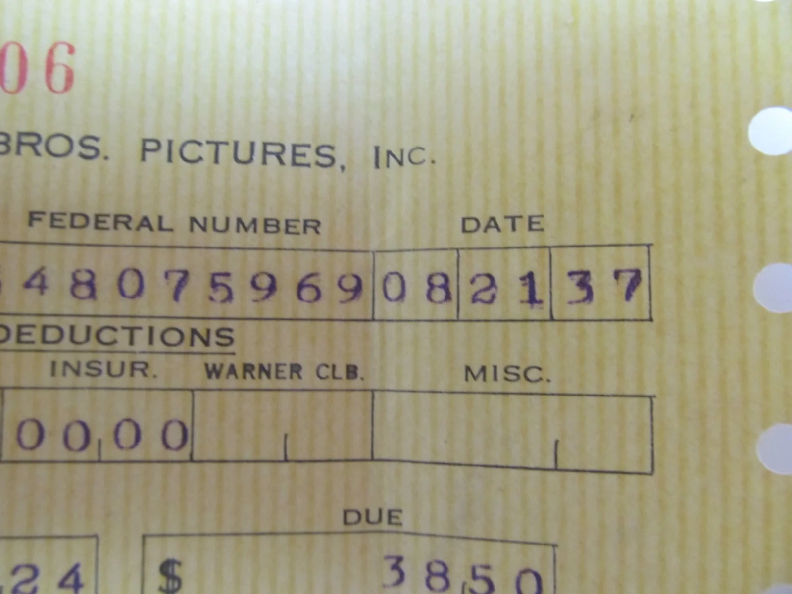 Warner Bros. Pictures, Inc. pay stub only not check ~ 08/21/1937, изображение 3
