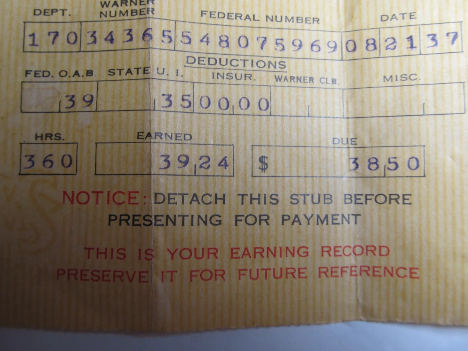 Warner Bros. Pictures, Inc. pay stub only not check ~ 08/21/1937, изображение 4