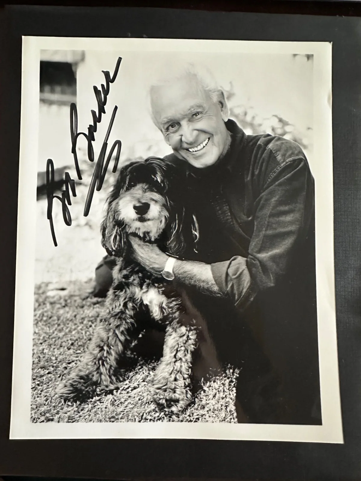 Bob Barker — Bob Barker Autographed 8x10 B&W Photograph with Dog, "The Price Is Right" Host