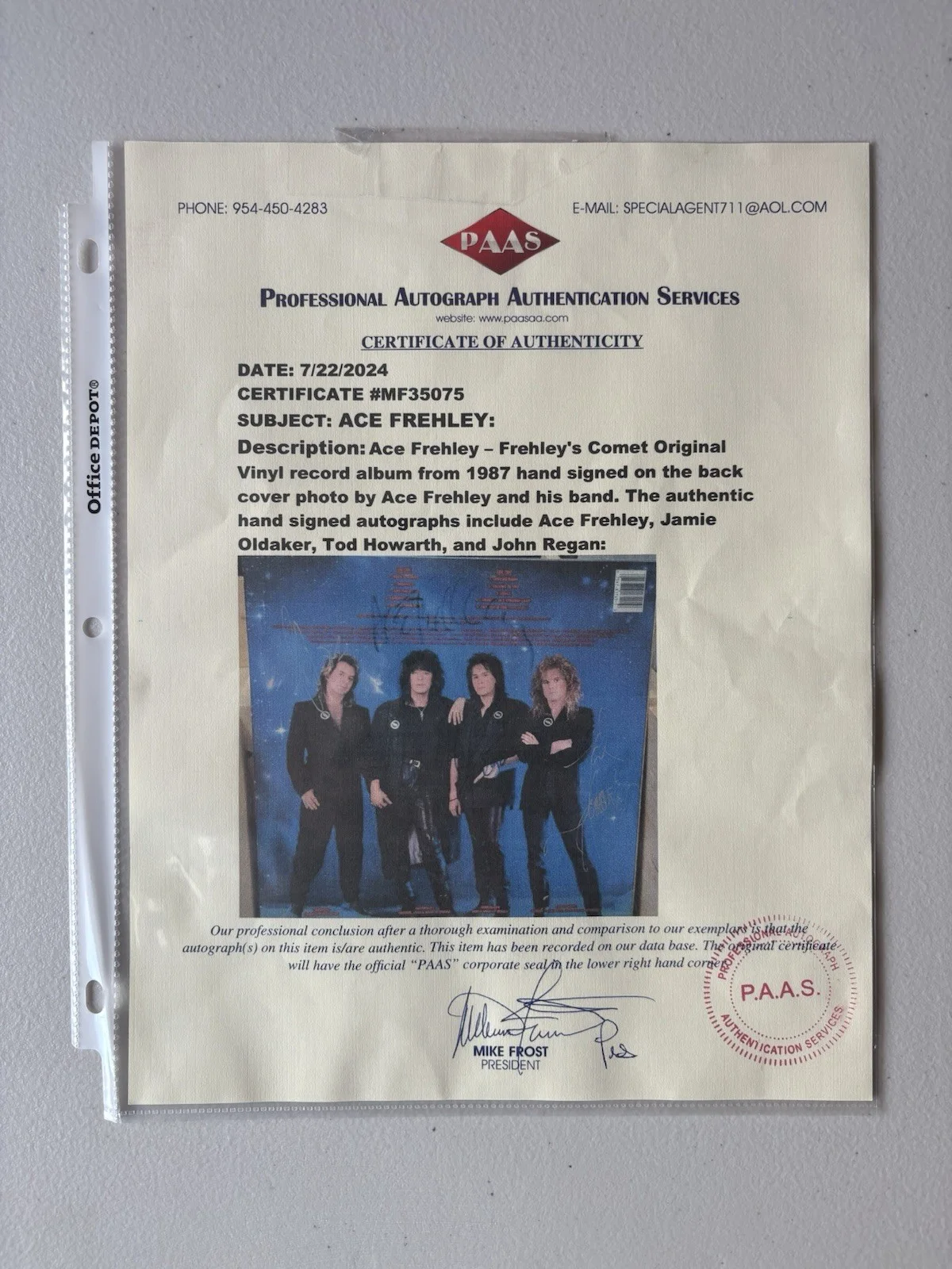 ACE FREHLEY + BAND SIGNED FREHLEY’S COMET VINYL LP BY ALL 4 Rare PAAS COA 075, image 4